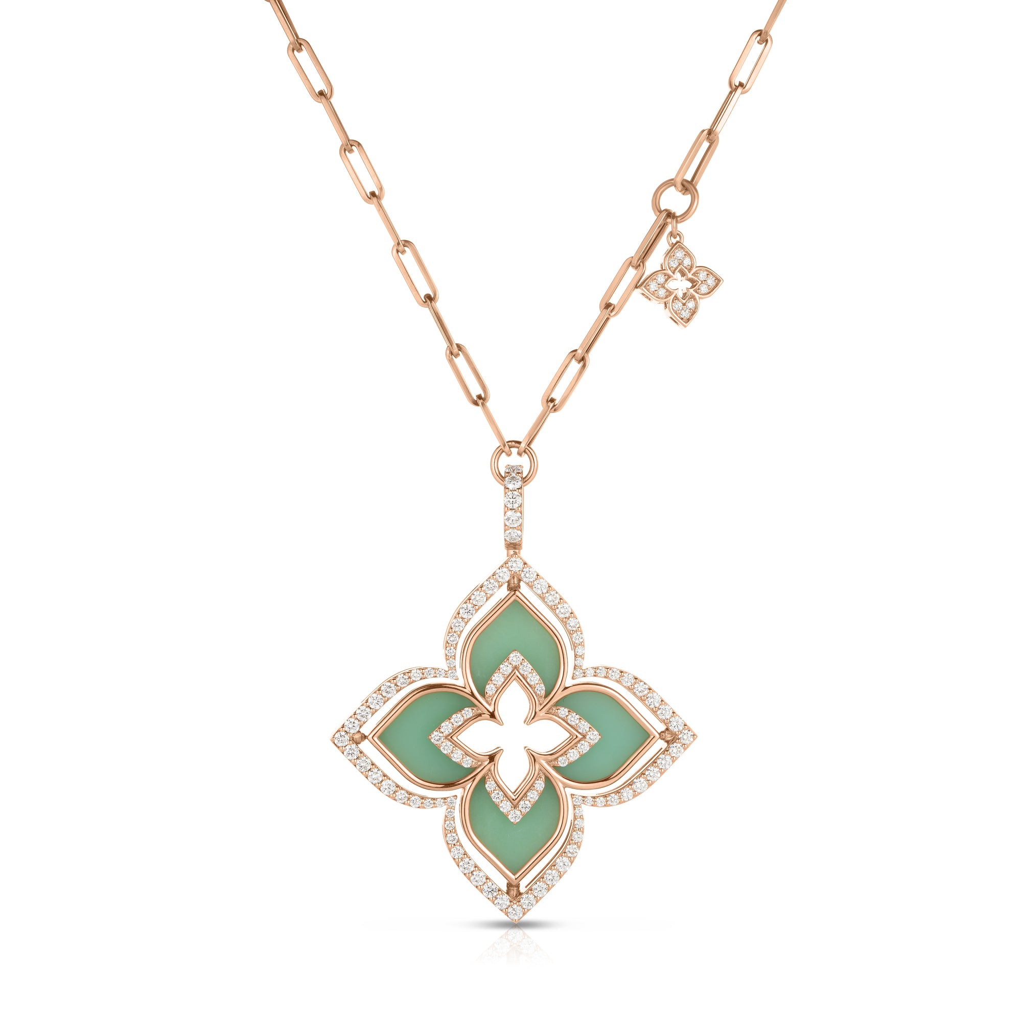 18K ROSE GOLD VENETIAN PRINCESS PIROUETTE DIAMOND & CHRYSOPRASE LARGE FLOWER NECKLACE