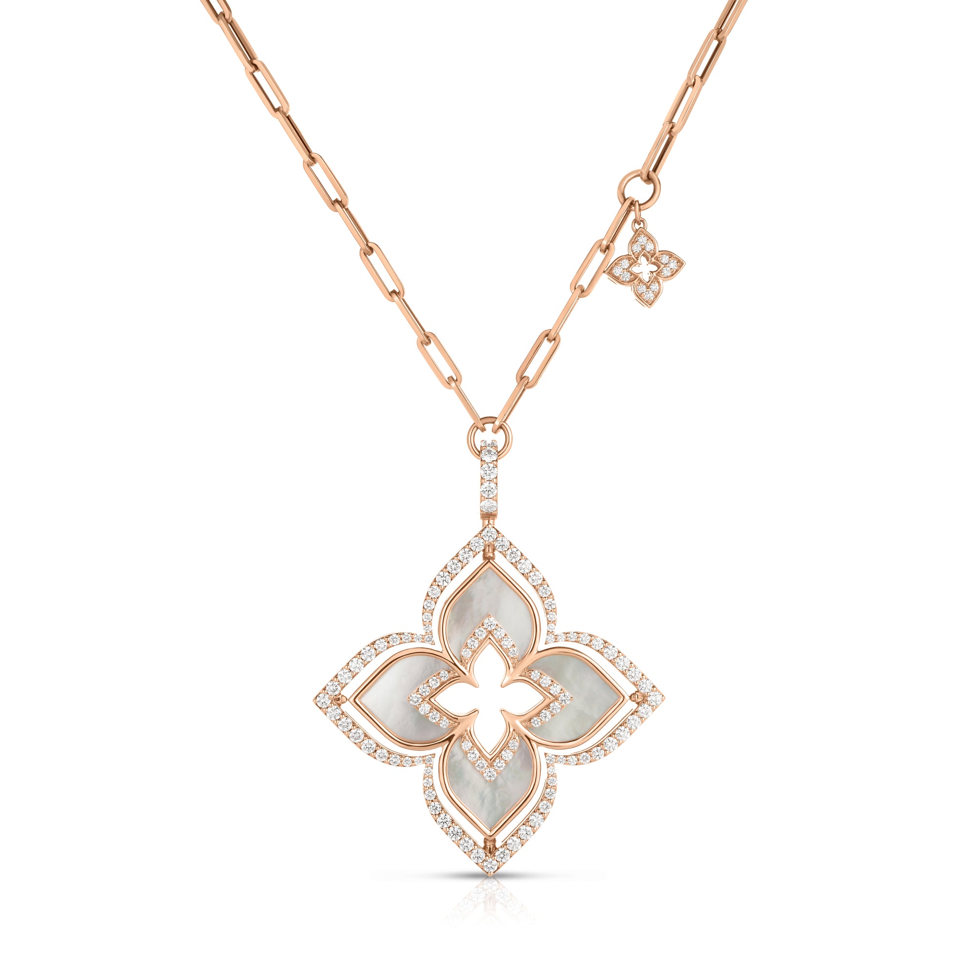 18K ROSE GOLD VENETIAN PRINCESS PIROUETTE DIAMOND & MOTHER OF PEARL LARGE FLOWER NECKLACE