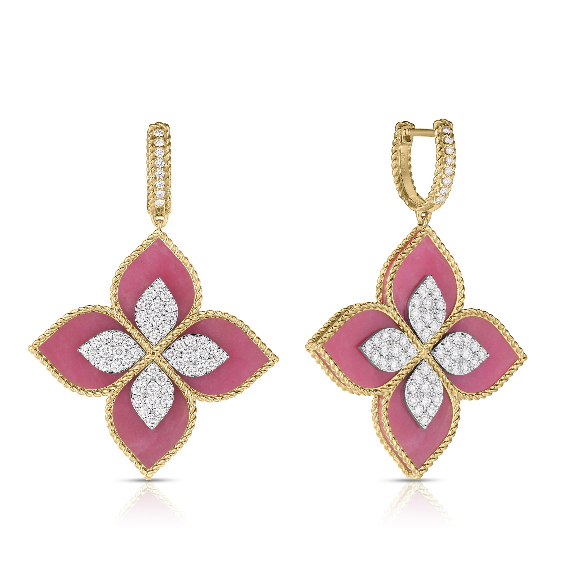 18K YELLOW/WHITE GOLD VENETIAN PRINCESS DIAMOND & RHODONITE LARGE FLOWER DROP EARRINGS