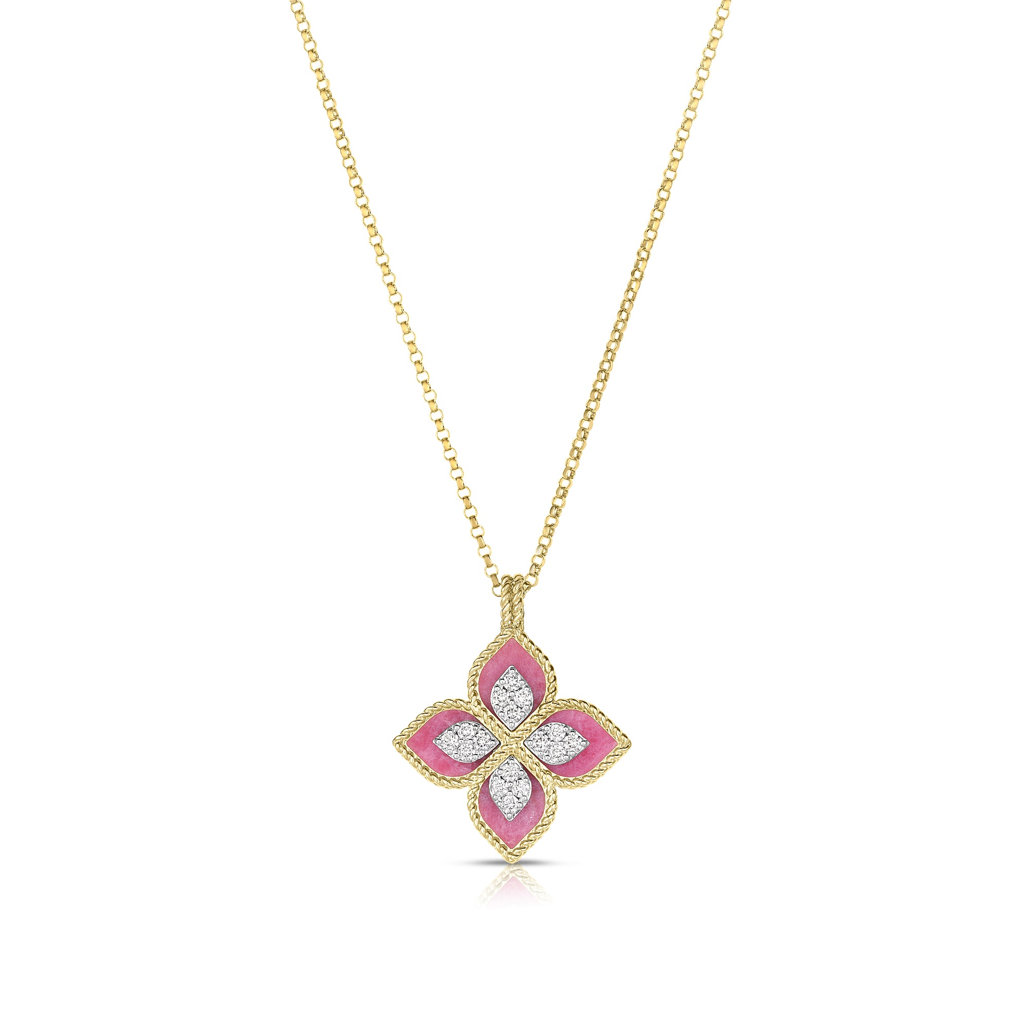 18K YELLOW/WHITE GOLD VENETIAN PRINCESS DIAMOND & RHODONITE FLOWER NECKLACE