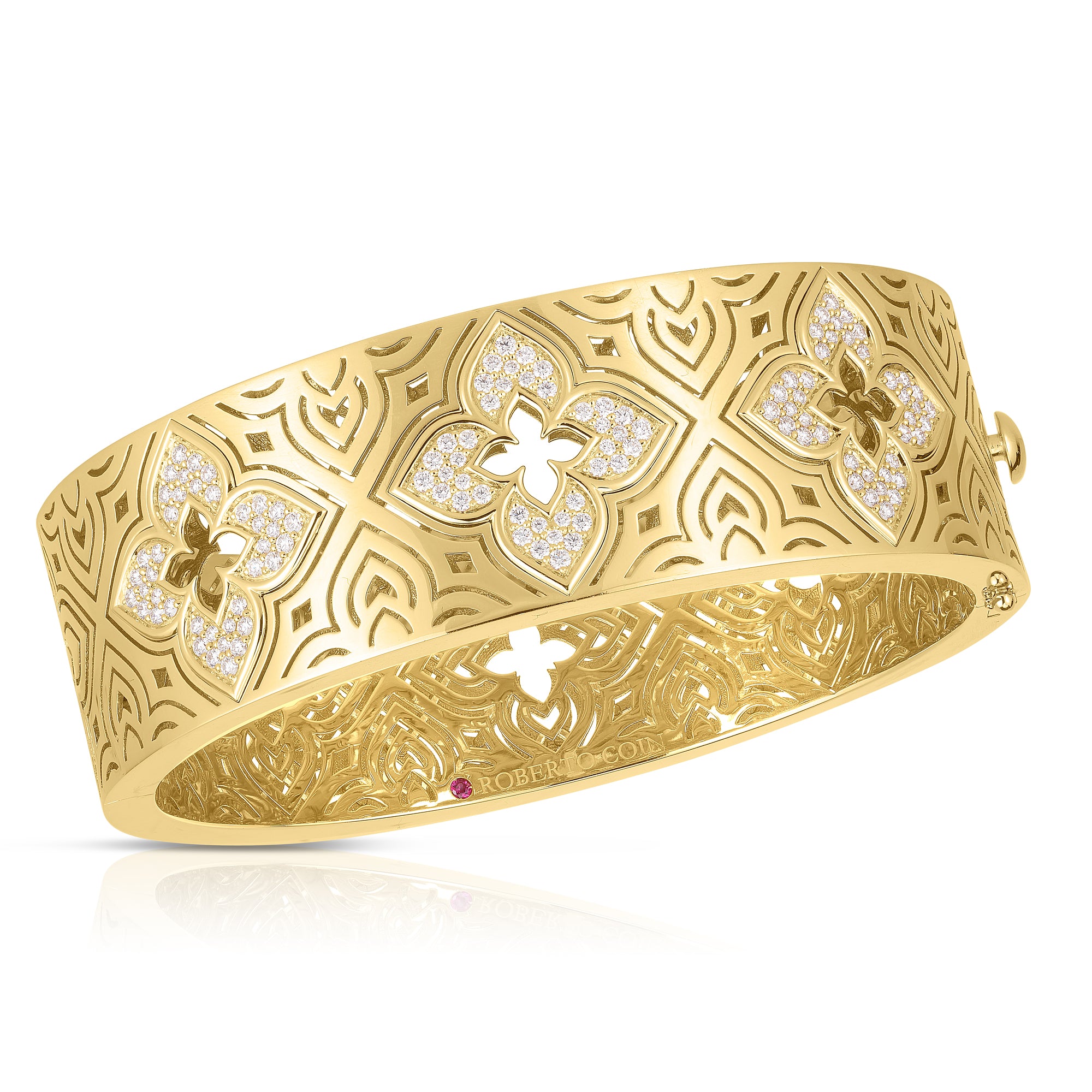 18K YELLOW GOLD VENETIAN PRINCESS ETCHED FRAMED DIAMOND FLOWER WIDE BANGLE