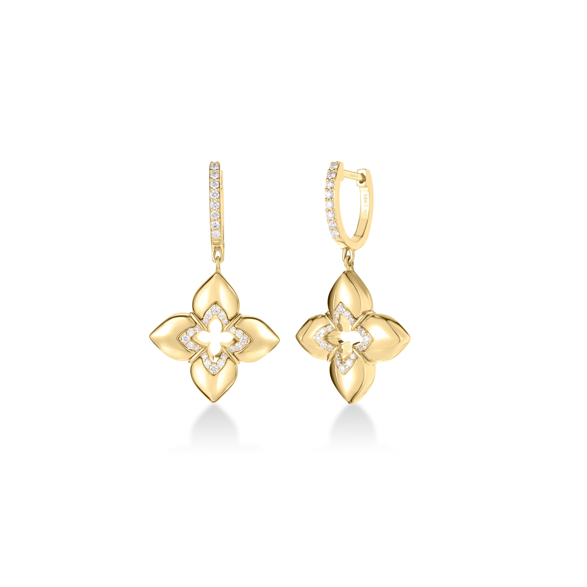 18K YELLOW GOLD VENETIAN PRINCESS CABOCHON DIAMOND FLOWER DANGLE EARRINGS