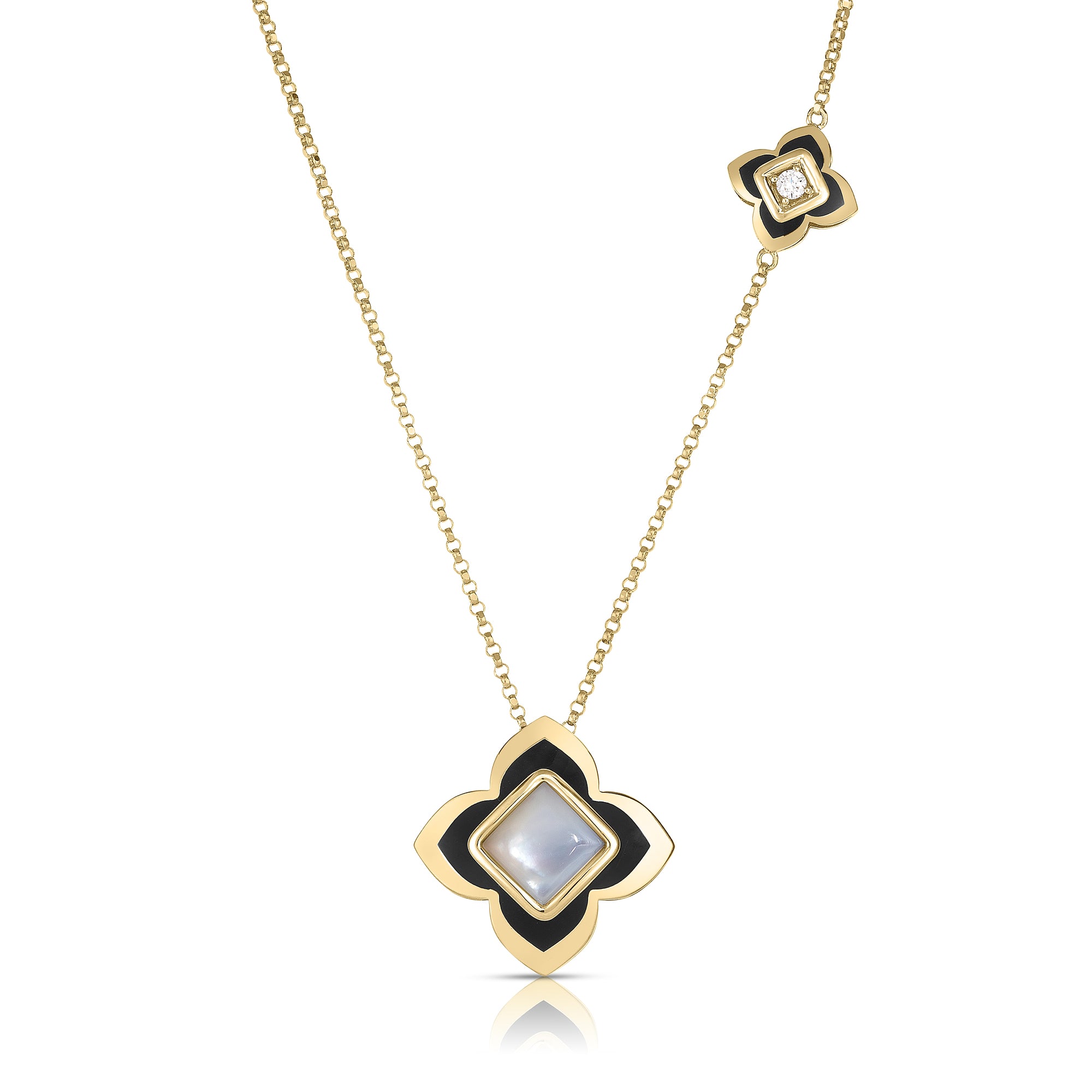 18K YELLOW GOLD PALAZZO DUCALE CARNIVAL BLACK ENAMEL, DIAMOND, & MOTHER OF PEARL FLOWER NECKLACE