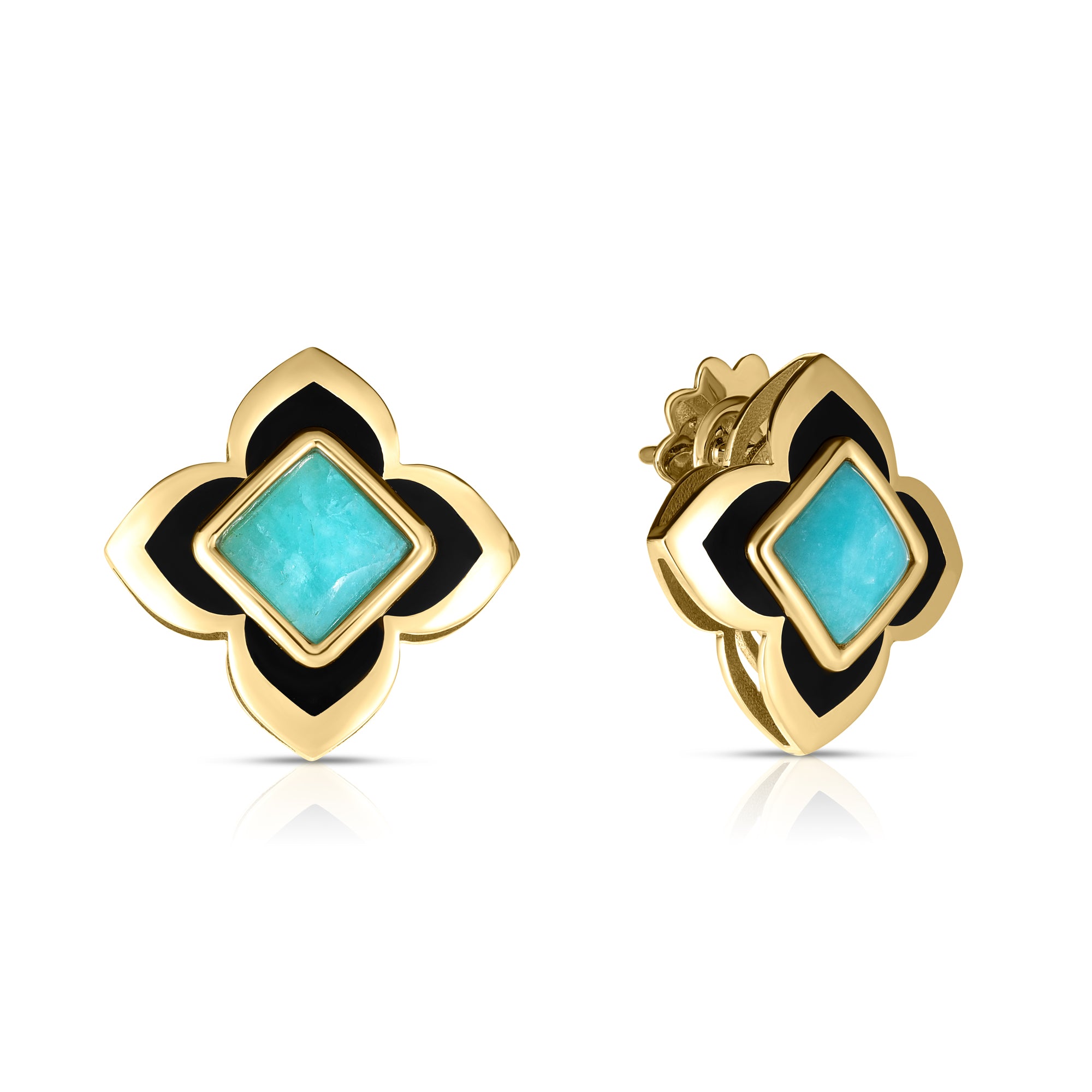 18K YELLOW GOLD PALAZZO DUCALE CARNIVAL AMAZONITE & BLACK ENAMEL FLOWER STUD EARRINGS