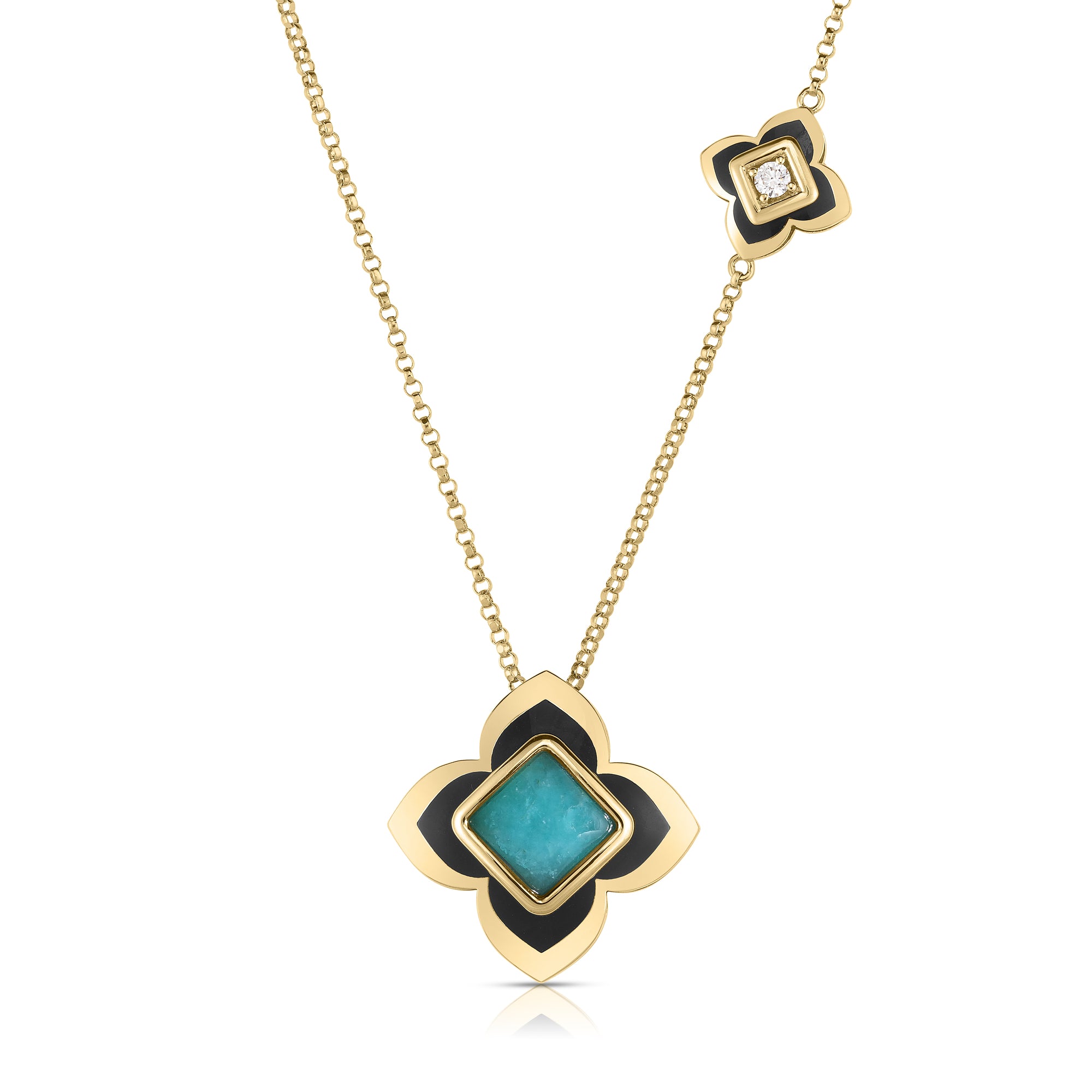 18K YELLOW GOLD PALAZZO DUCALE CARNIVAL AMAZONITE, BLACK ENAMEL, & DIAMOND FLOWER NECKLACE