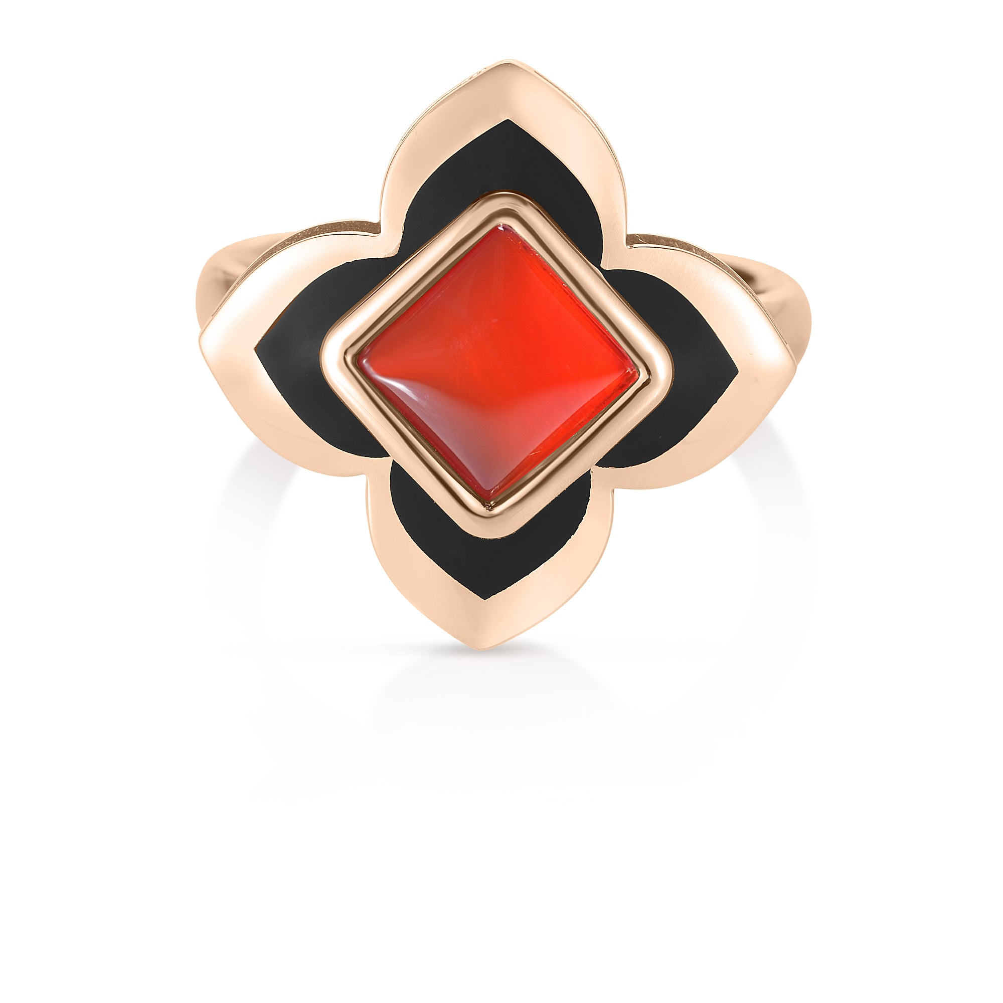 18K ROSE GOLD PALAZZO DUCALE CARNIVAL BLACK ENAMEL, & RED AGATE FLOWER RING