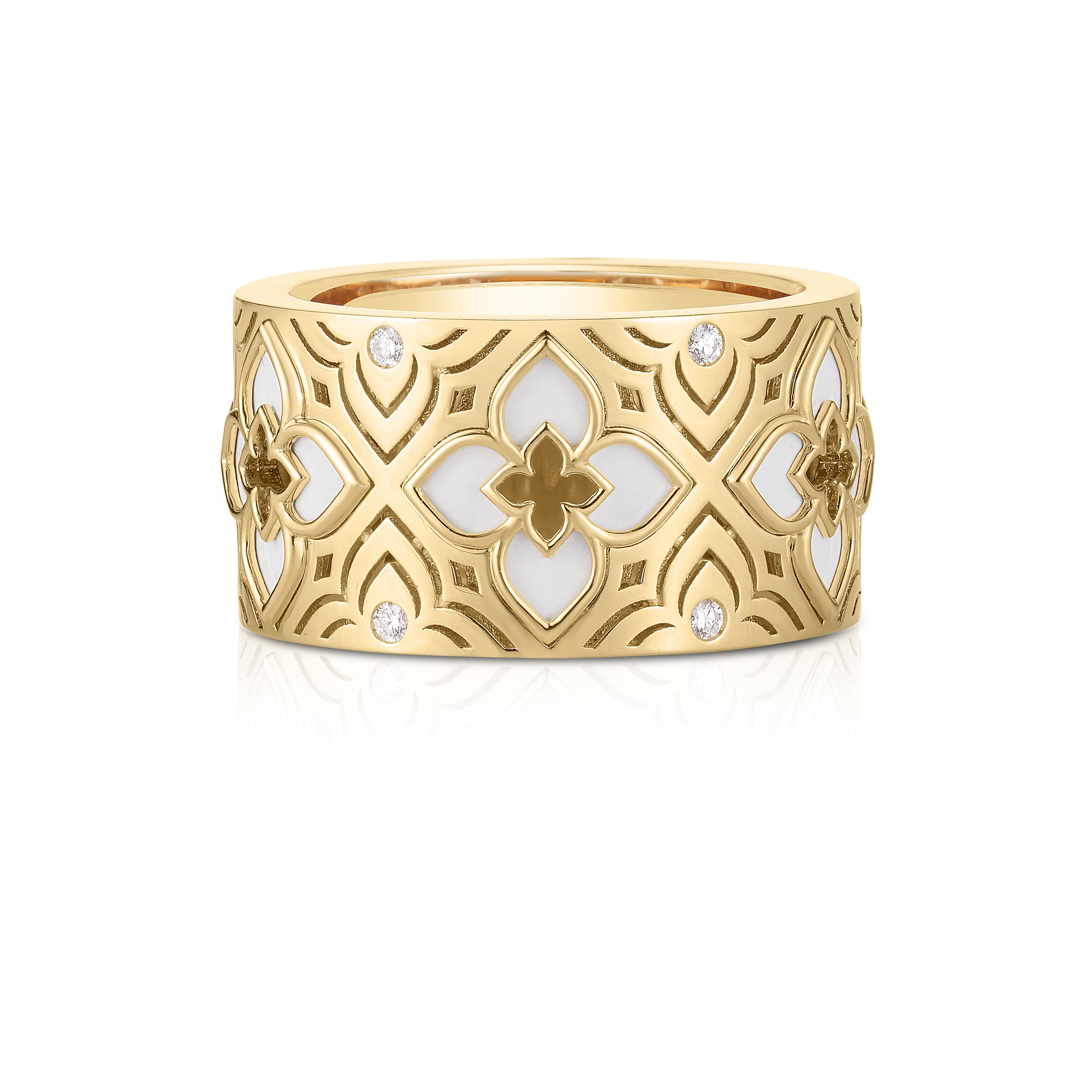 18K YELLOW GOLD VENETIAN PRINCESS ETCHED FRAME DIAMOND & WHITE ENAMEL FLOWER RING