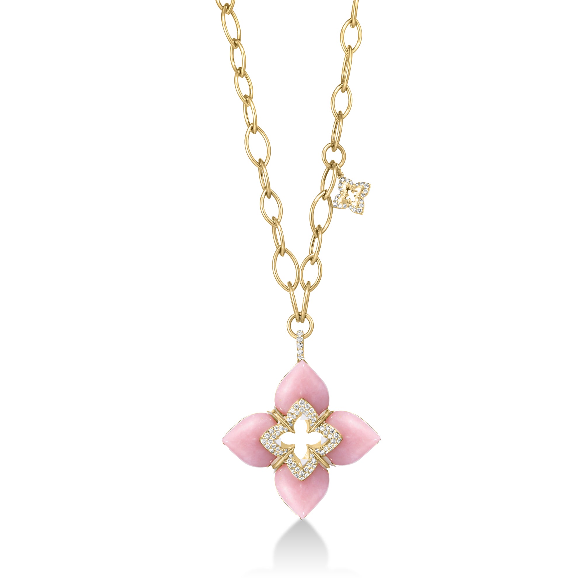18K YELLOW GOLD VENETIAN PRINCESS CABOCHON DIAMOND & PINK OPAL FLOWER NECKLACE