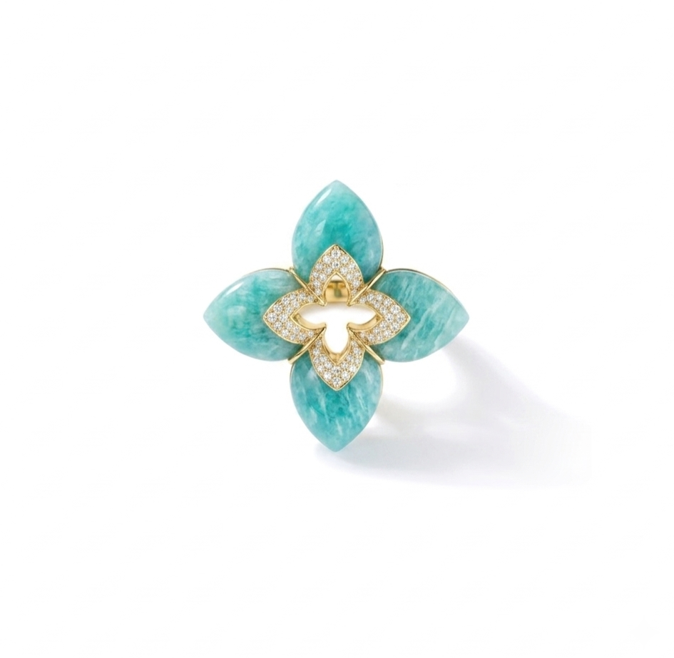 18K YELLOW GOLD VENETIAN PRINCESS CABOCHON DIAMOND & AMAZONITE FLOWER RING