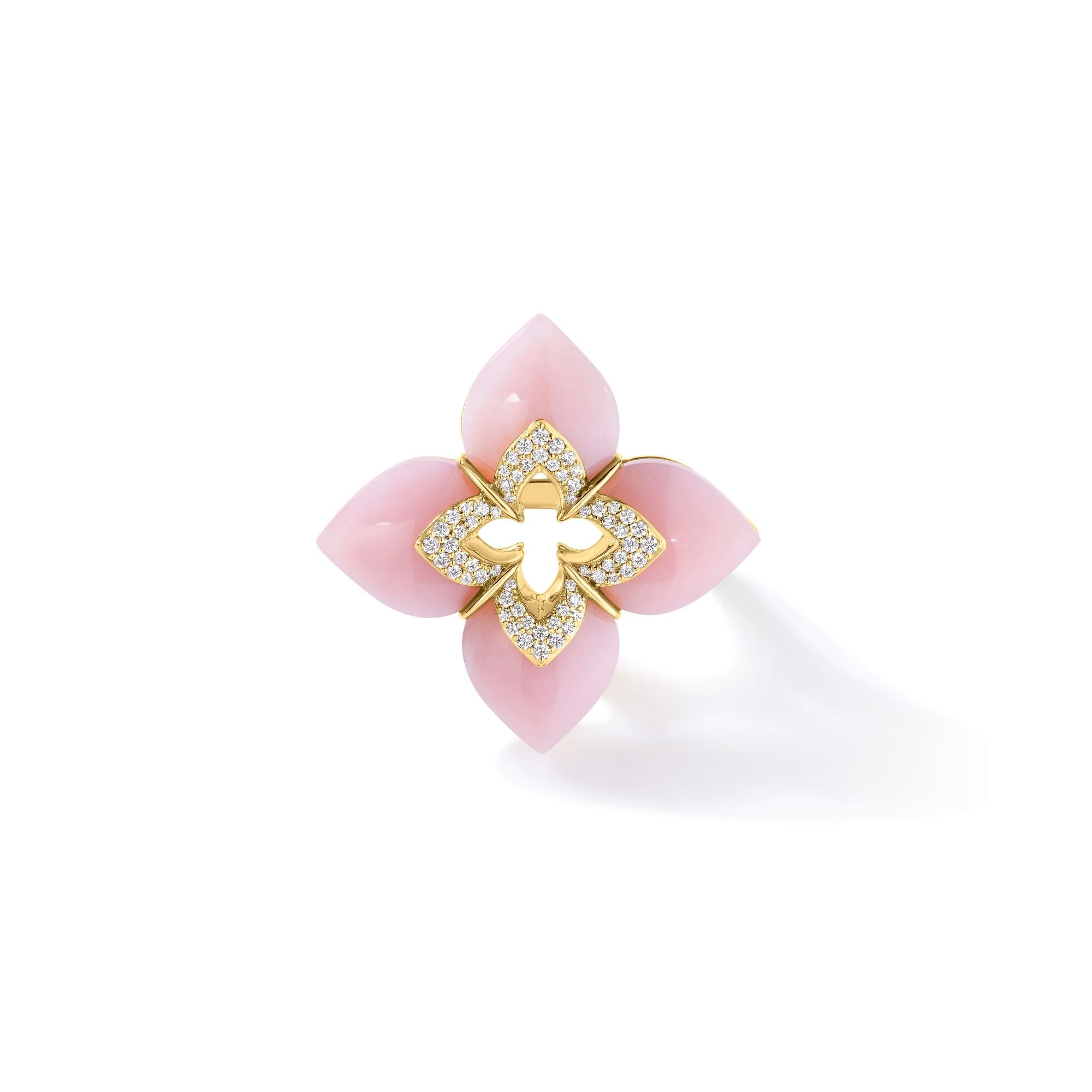 18K YELLOW GOLD VENETIAN PRINCESS CABOCHON DIAMOND & PINK OPAL FLOWER RING
