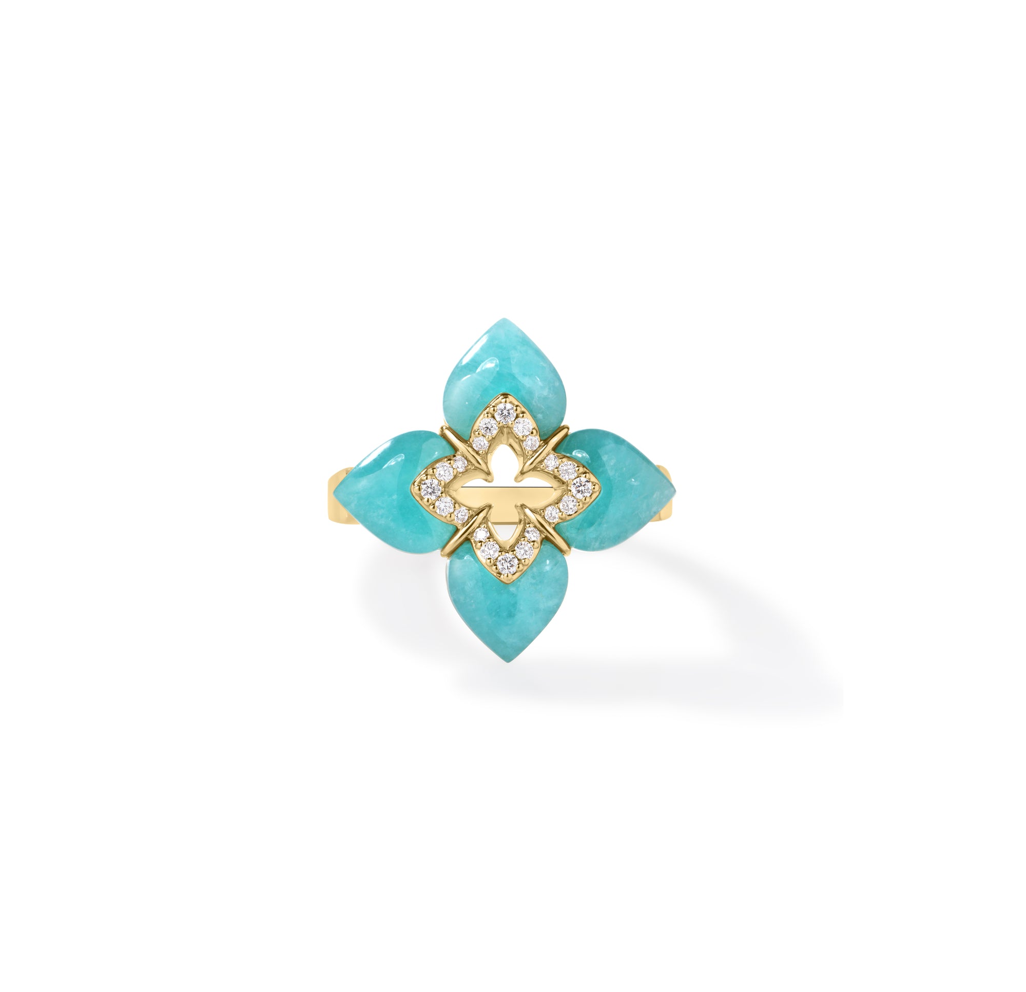 18K YELLOW GOLD VENETIAN PRINCESS CABOCHON DIAMOND & AMAZONITE FLOWER RING