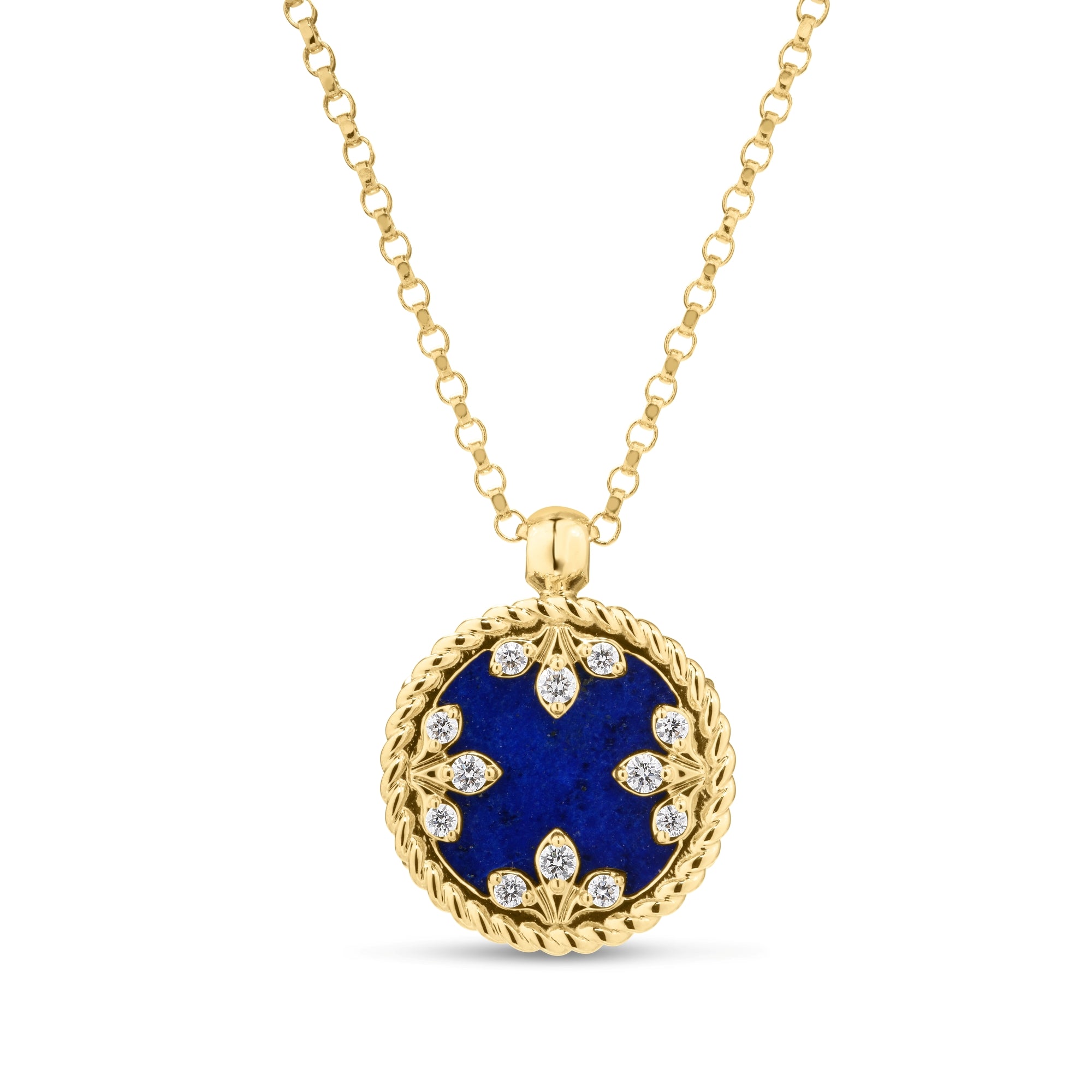 18K YELLOW GOLD VENETIAN MEDALLIONS SMALL DIAMOND AND LAPIS NECKLACE