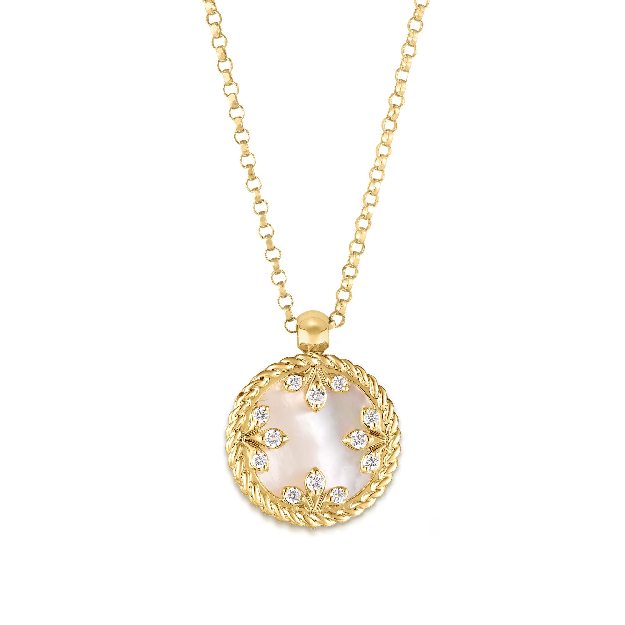 18K YELLOW GOLD VENETIAN MEDALLIONS SMALL DIAMOND AND MOTHER OF PEARL NECKLACE