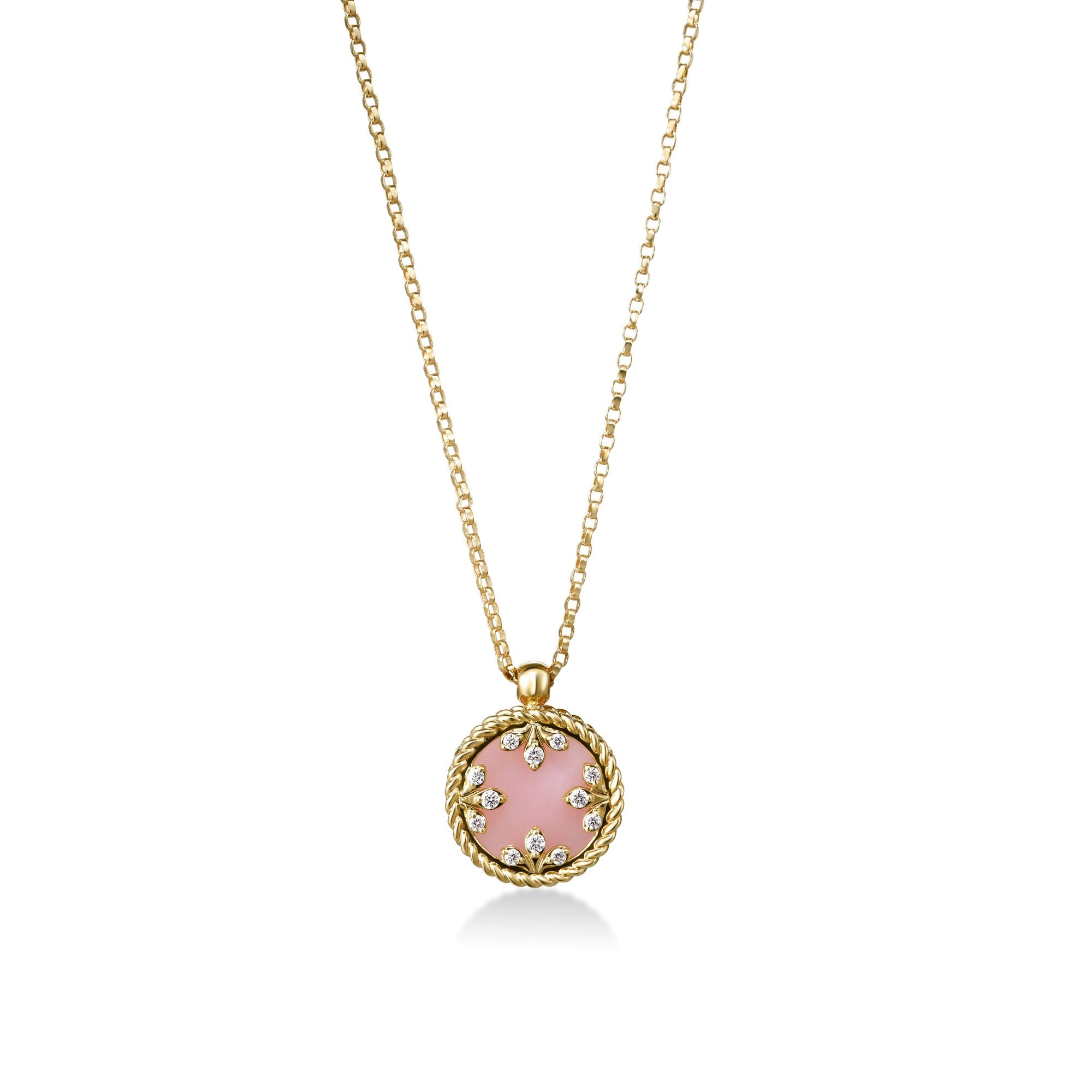 18K YELLOW GOLD VENETIAN MEDALLIONS SMALL DIAMOND AND PINK OPAL NECKLACE