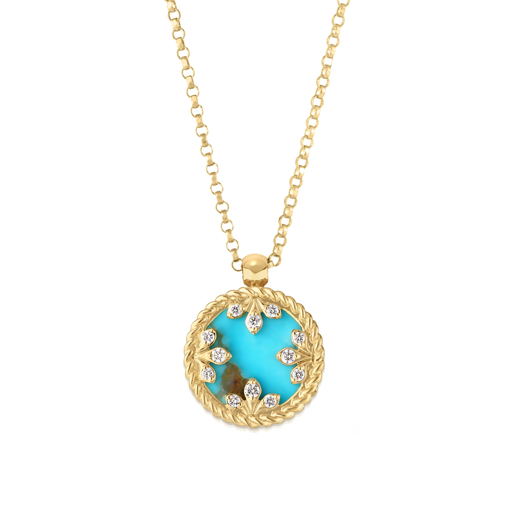 18K YELLOW GOLD VENETIAN MEDALLIONS SMALL DIAMOND AND TURQUOISE NECKLACE