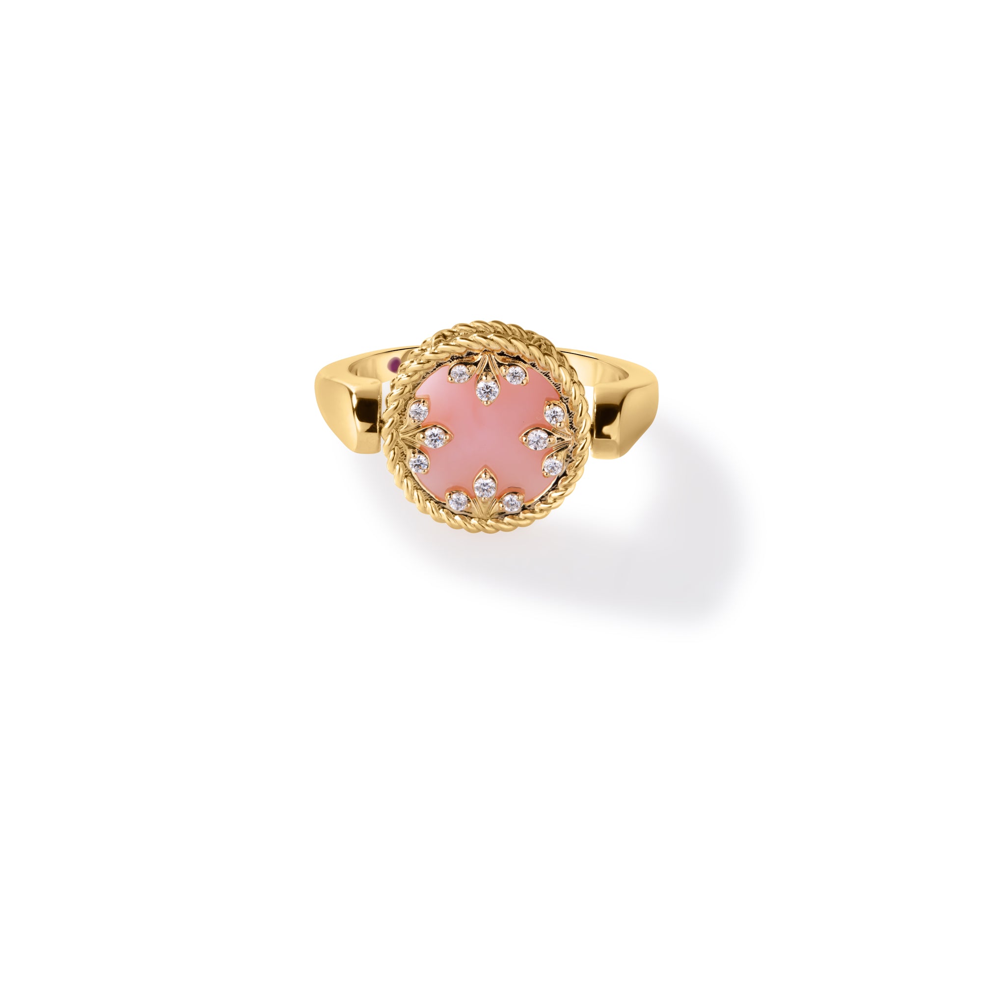 18K YELLOW GOLD VENETIAN MEDALLIONS SMALL DIAMOND, MOTHER OF PEARL, & PINK OPAL REVERSIBLE RING