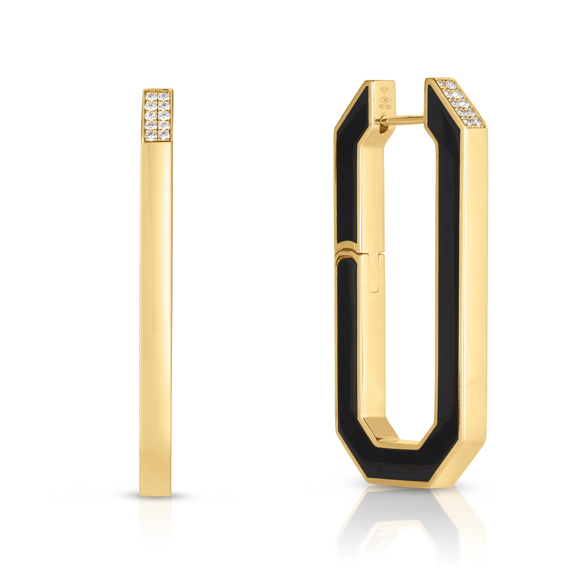 18K YELLOW DESIGNER GOLD BLACK CERAMIC AND DIAMOND ACCENT HOOP EARRINGS