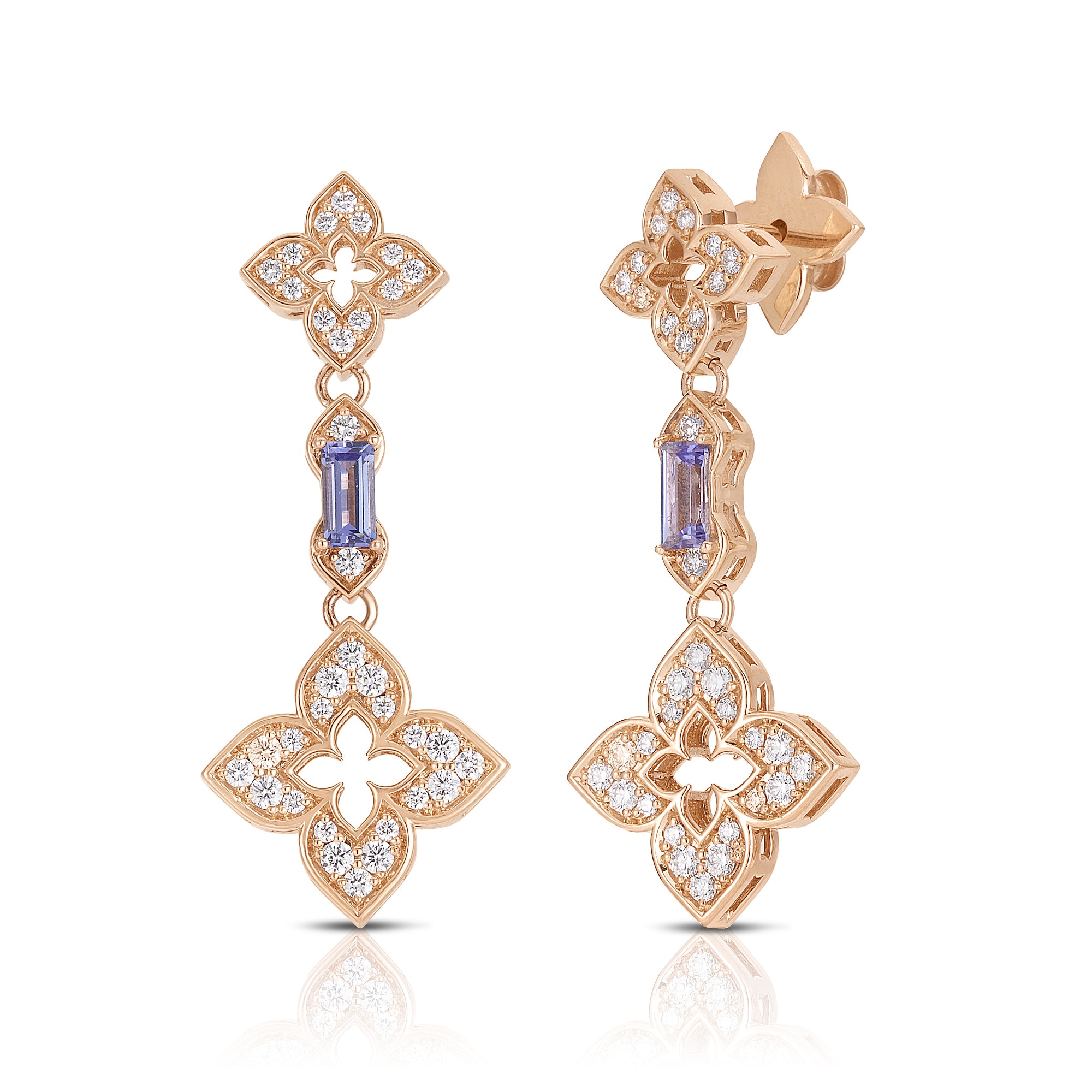 18K ROSE GOLD VENETIAN PRINCESS CARNIVAL PAVE DIAMOND & TANZANITE FLOWER DANGLE EARRINGS