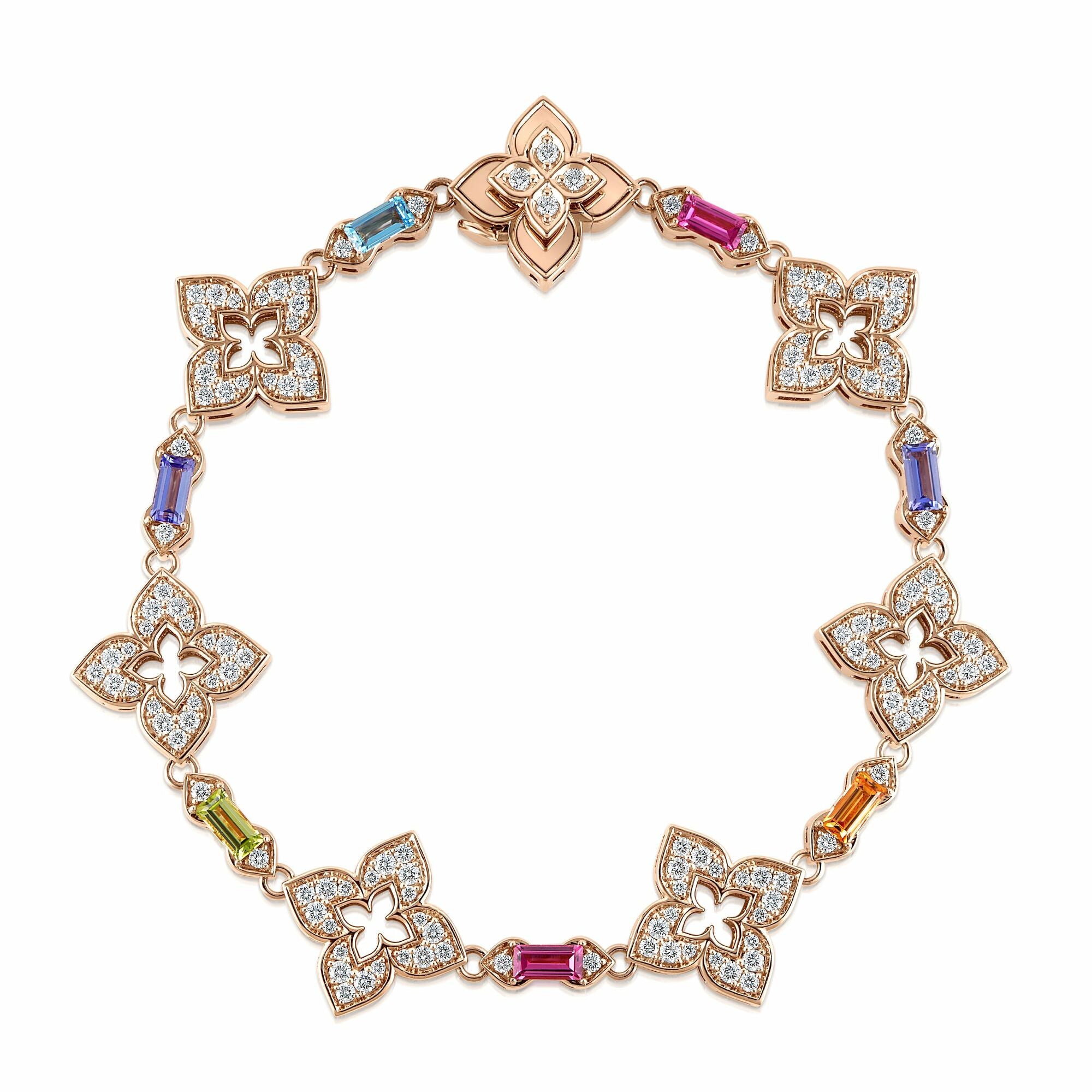 18K ROSE GOLD VENETIAN PRINCESS CARNIVAL PAVE DIAMOND & MIXED BAGUETTE (BLUE TOPAZ, CITRINE, PERIDOT, RUBELLITE, & TANZANITE) FLOWER BRACELET