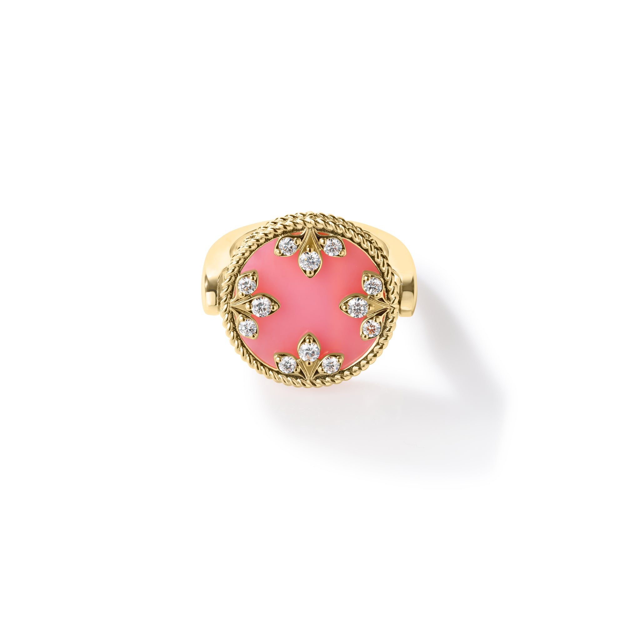 18K YELLOW GOLD VENETIAN MEDALLIONS DIAMOND, PINK OPAL, & MOTHER OF PEARL REVERSIBLE RING