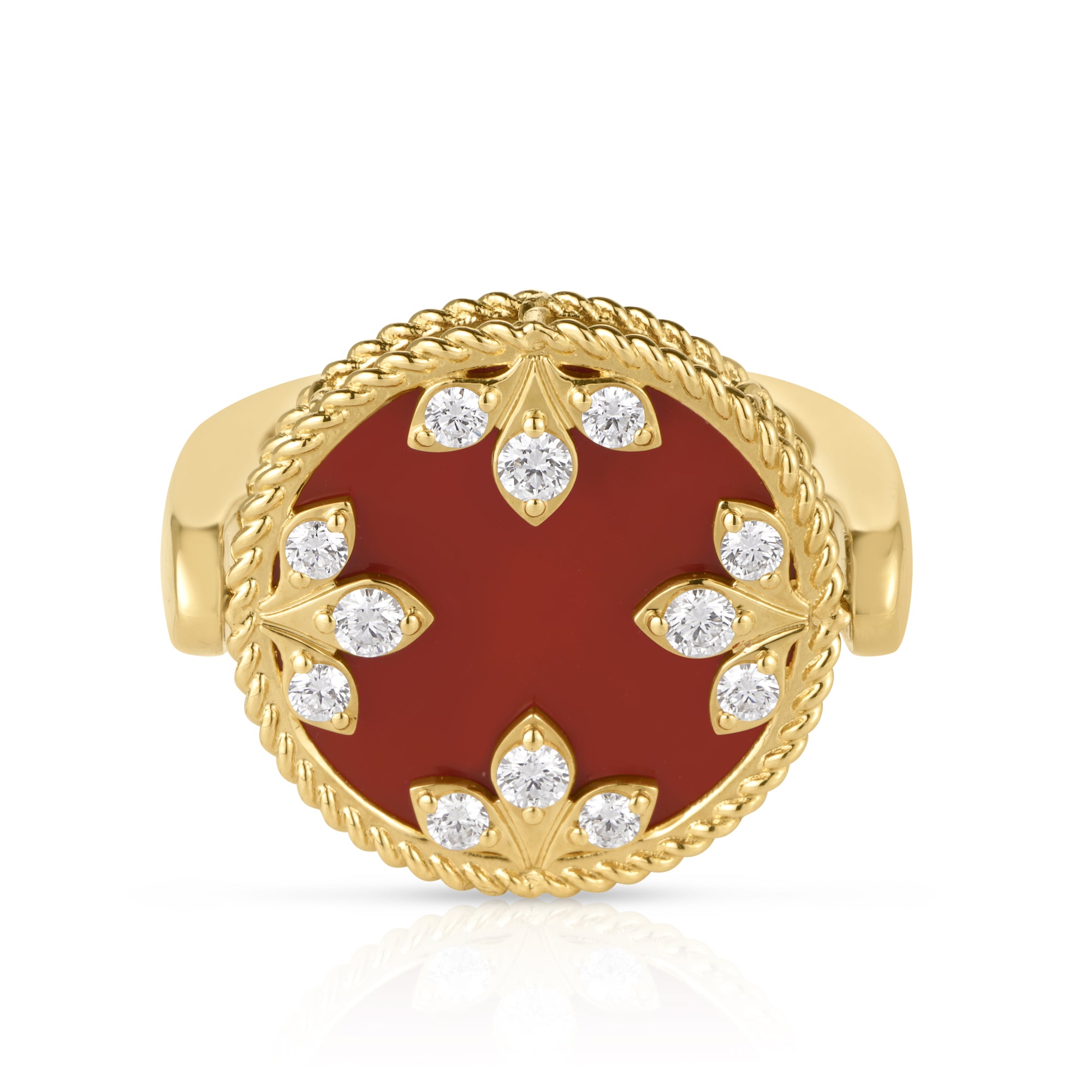 18K YELLOW GOLD VENETIAN MEDALLIONS DIAMOND, RED AGATE, & MOTHER OF PEARL REVERSIBLE RING