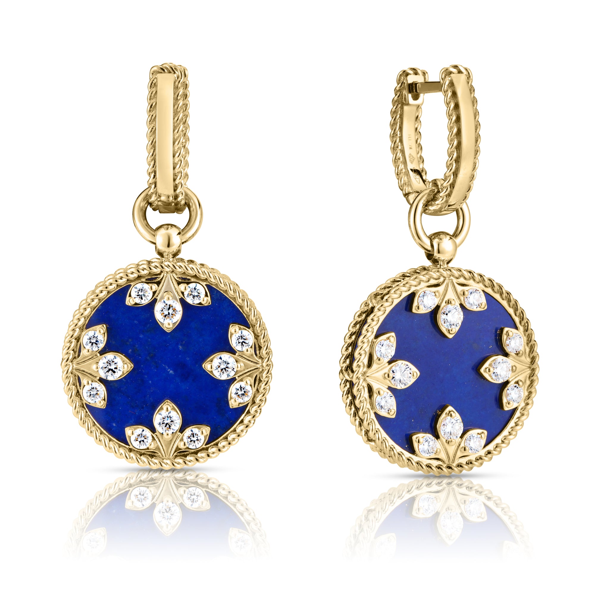 18K YELLOW GOLD VENETIAN MEDALLIONS MEDIUM DIAMOND AND LAPIS DANGLE EARRINGS