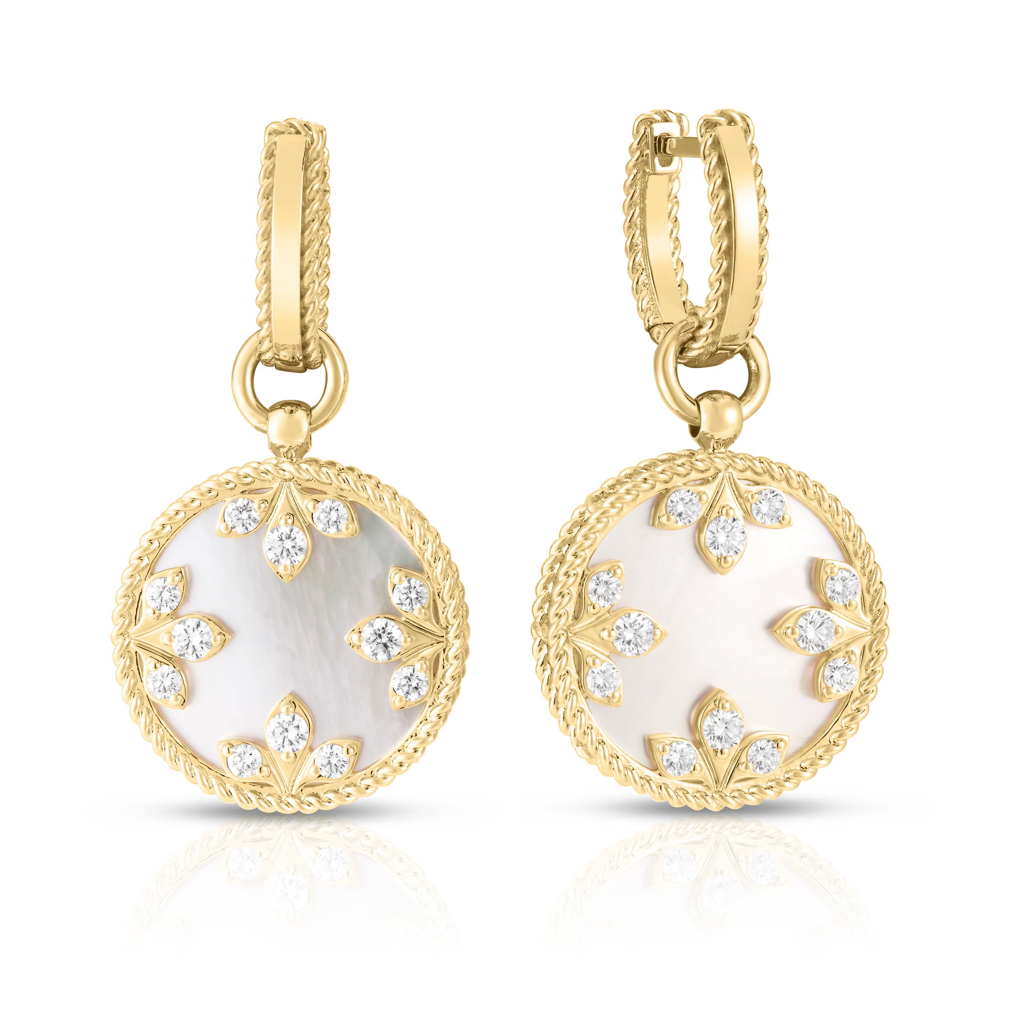 18K YELLOW GOLD VENETIAN MEDALLIONS MEDIUM DIAMOND AND MOTHER OF PEARL DANGLE EARRINGS