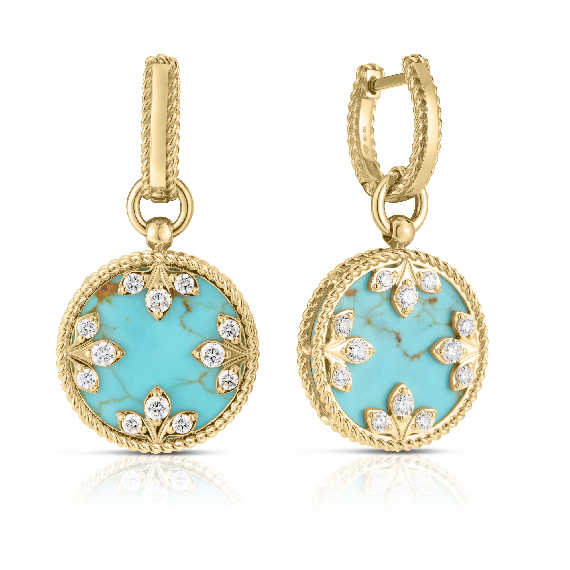 18K YELLOW GOLD VENETIAN MEDALLIONS MEDIUM DIAMOND AND TURQUOISE DANGLE EARRINGS