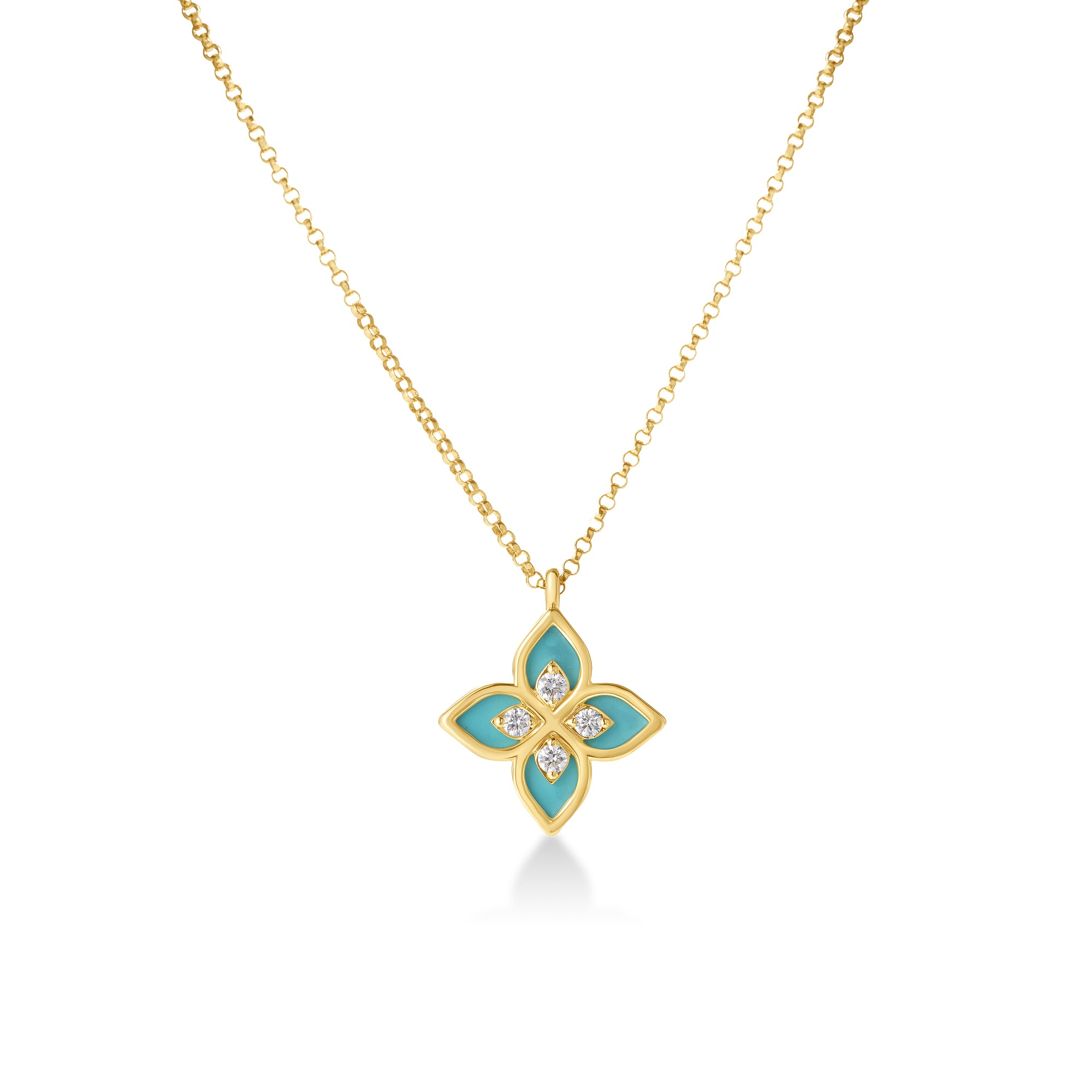 18K YELLOW GOLD VENETIAN PRINCESS DIAMOND & CYAN ENAMEL FLOWER NECKLACE