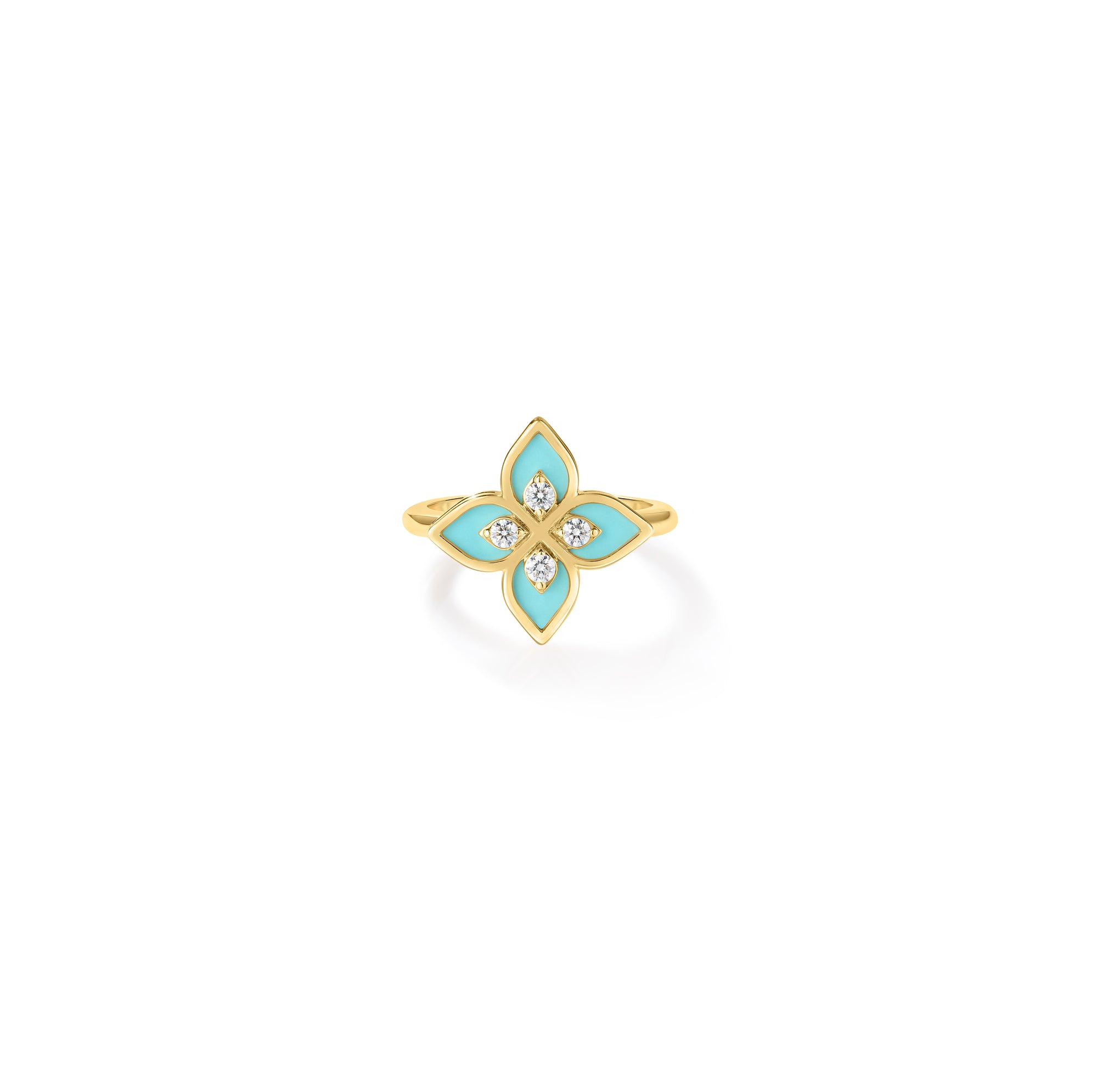 18K YELLOW GOLD VENETIAN PRINCESS DIAMOND & CYAN ENAMEL FLOWER RING