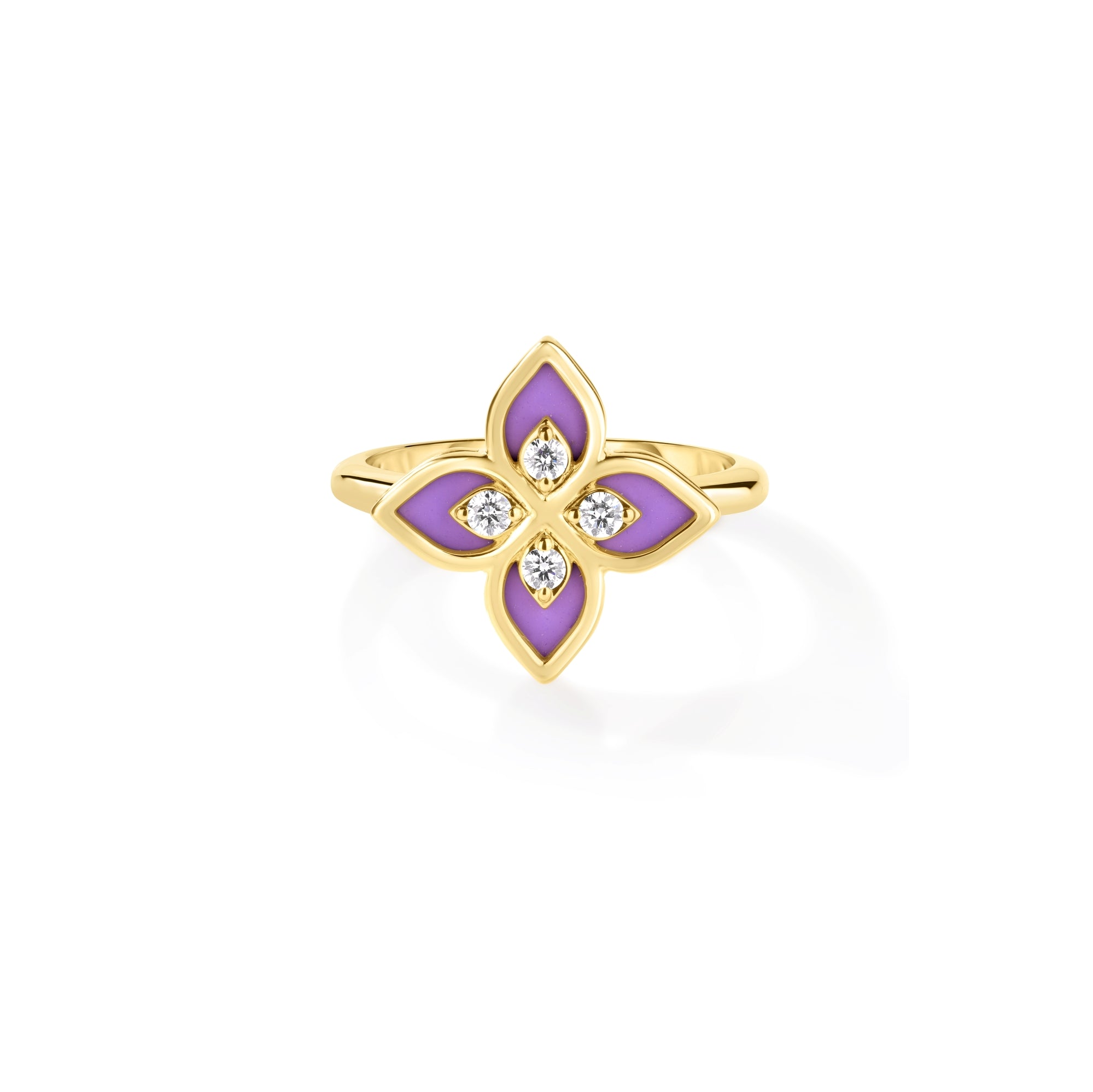 18K YELLOW GOLD VENETIAN PRINCESS DIAMOND & LAVENDER ENAMEL FLOWER RING