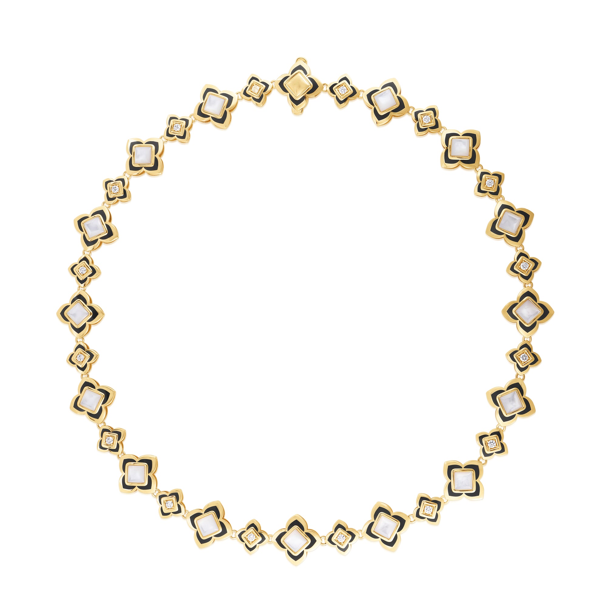 18K YELLOW GOLD PALAZZO DUCALE CARNIVAL BLACK ENAMEL, DIAMOND, & MOTHER OF PEARL FLOWER NECKLACE