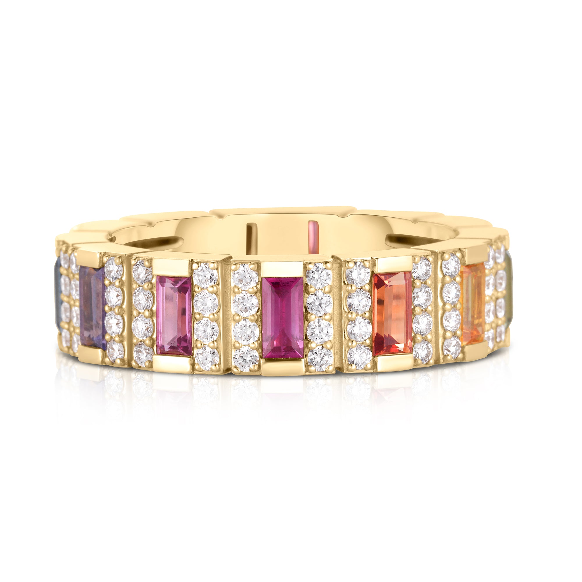 18K YELLOW GOLD OBELISCO PAVE DIAMOND & MIXED SAPPHIRES (BLUE, GREEN, ORANGE, PINK, & YELLOW) RING