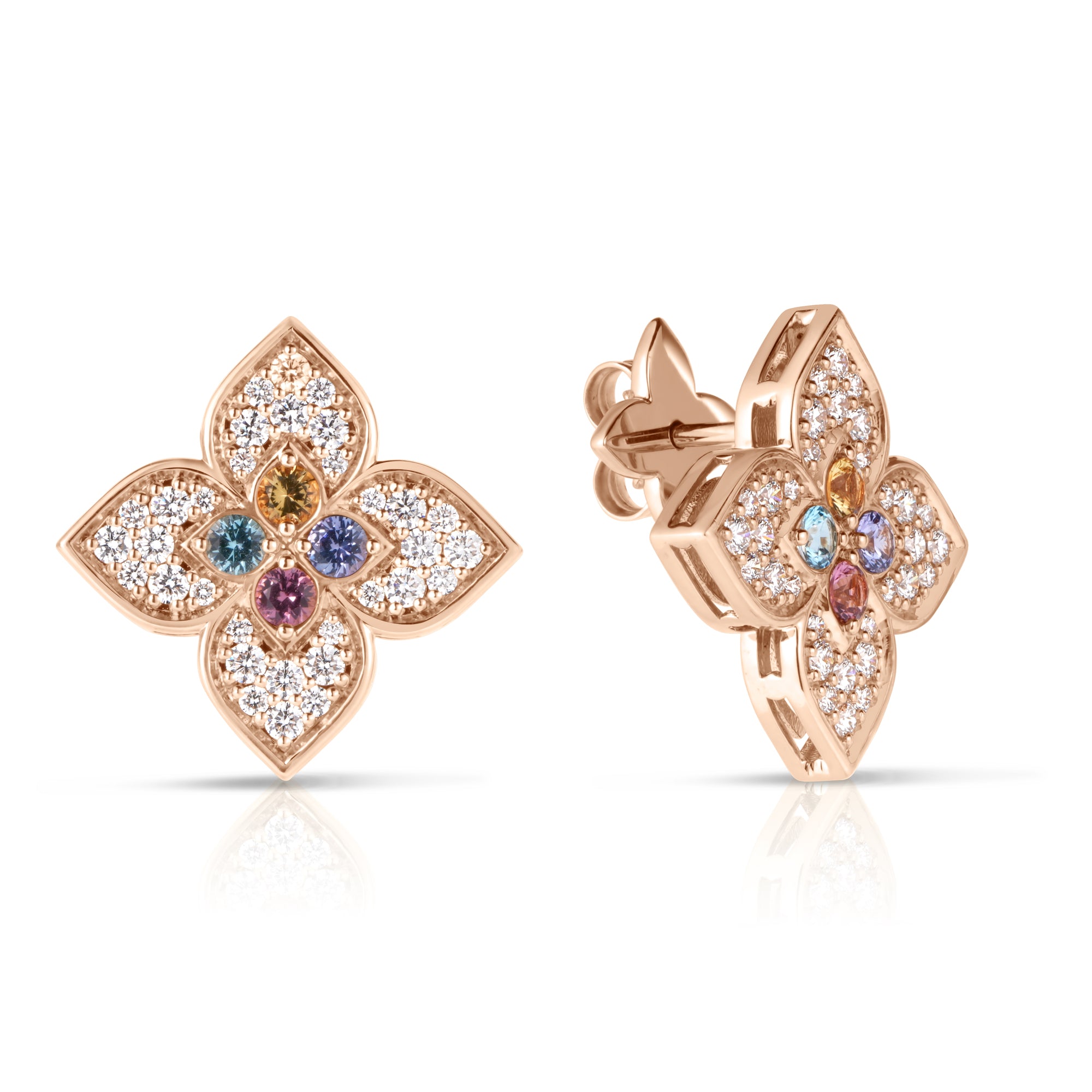 18K ROSE GOLD VENETIAN PRINCESS CARNIVAL PAVE DIAMOND & MIXED STONES LARGE FLOWER STUD EARRINGS