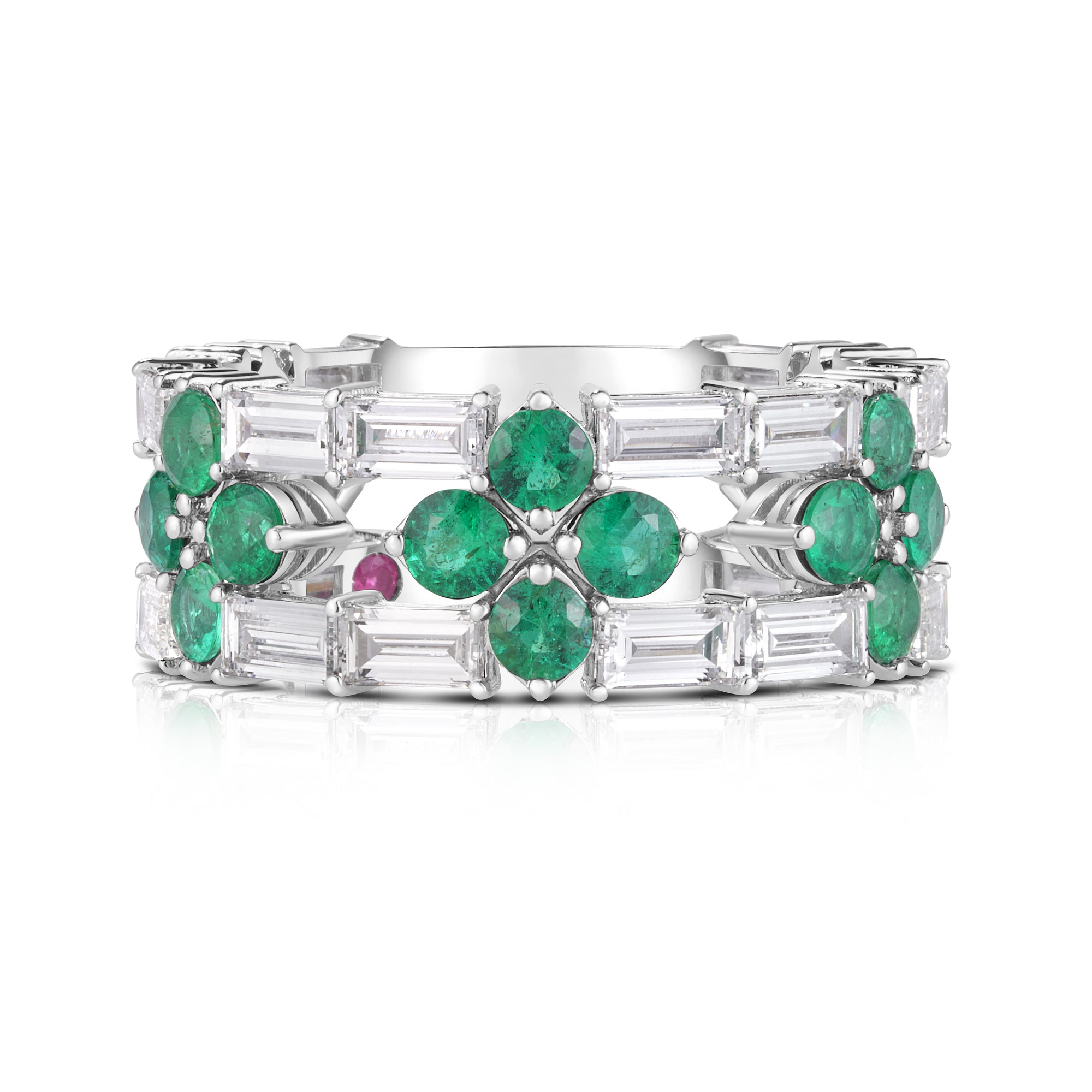 18K WHITE GOLD LOVE IN VERONA DIAMOND AND GREEN EMERALD OPEN FRAME RING