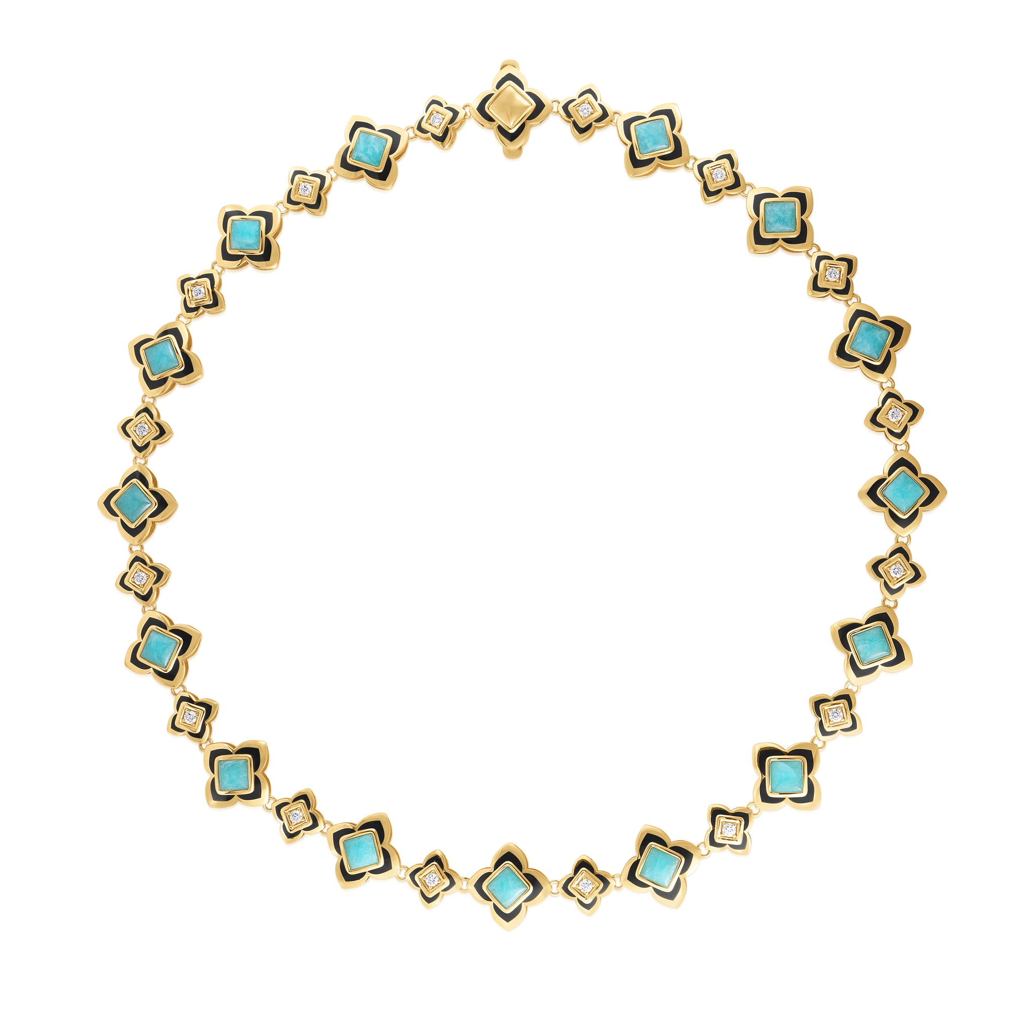 18K YELLOW GOLD PALAZZO DUCALE CARNIVAL AMAZONITE, BLACK ENAMEL, & DIAMOND FLOWER NECKLACE