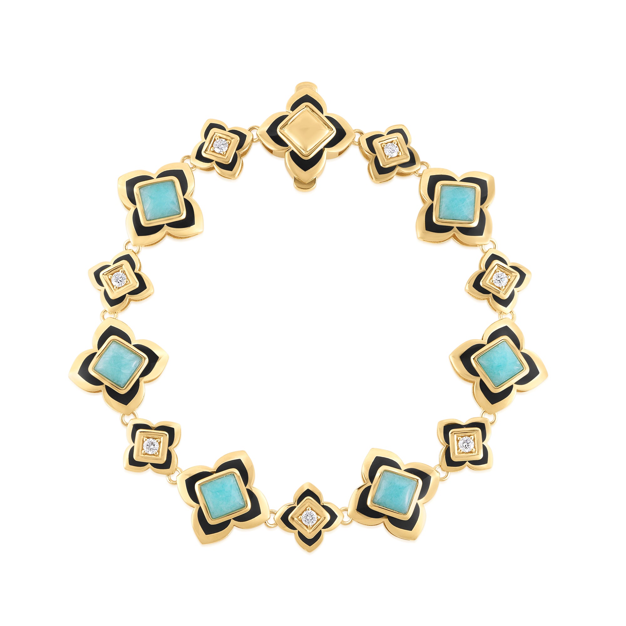 18K YELLOW GOLD PALAZZO DUCALE CARNIVAL AMAZONITE, BLACK ENAMEL, & DIAMOND FLOWER BRACELET