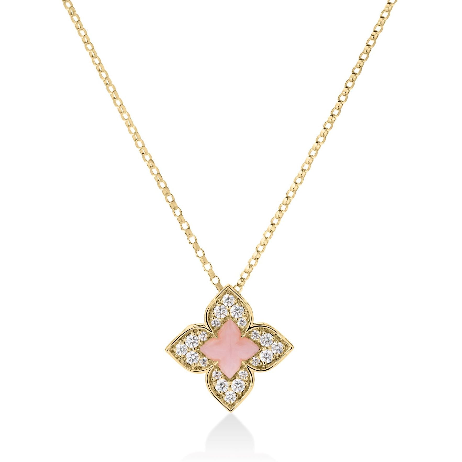 18K YELLOW GOLD VENETIAN PRINCESS CARNIVAL DIAMOND & PINK OPAL FLOWER NECKLACE