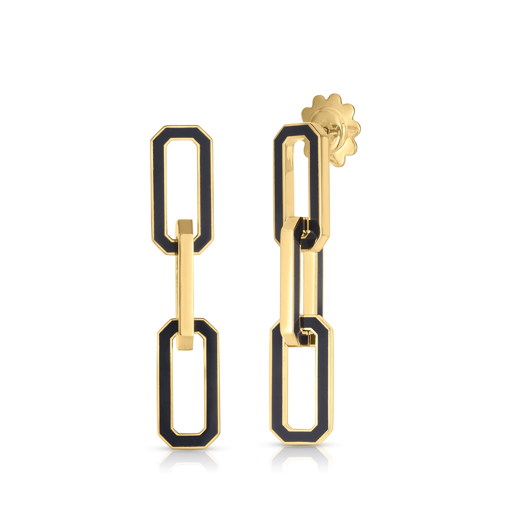18K YELLOW DESIGNER GOLD BLACK CERAMIC DANGLE EARRINGS