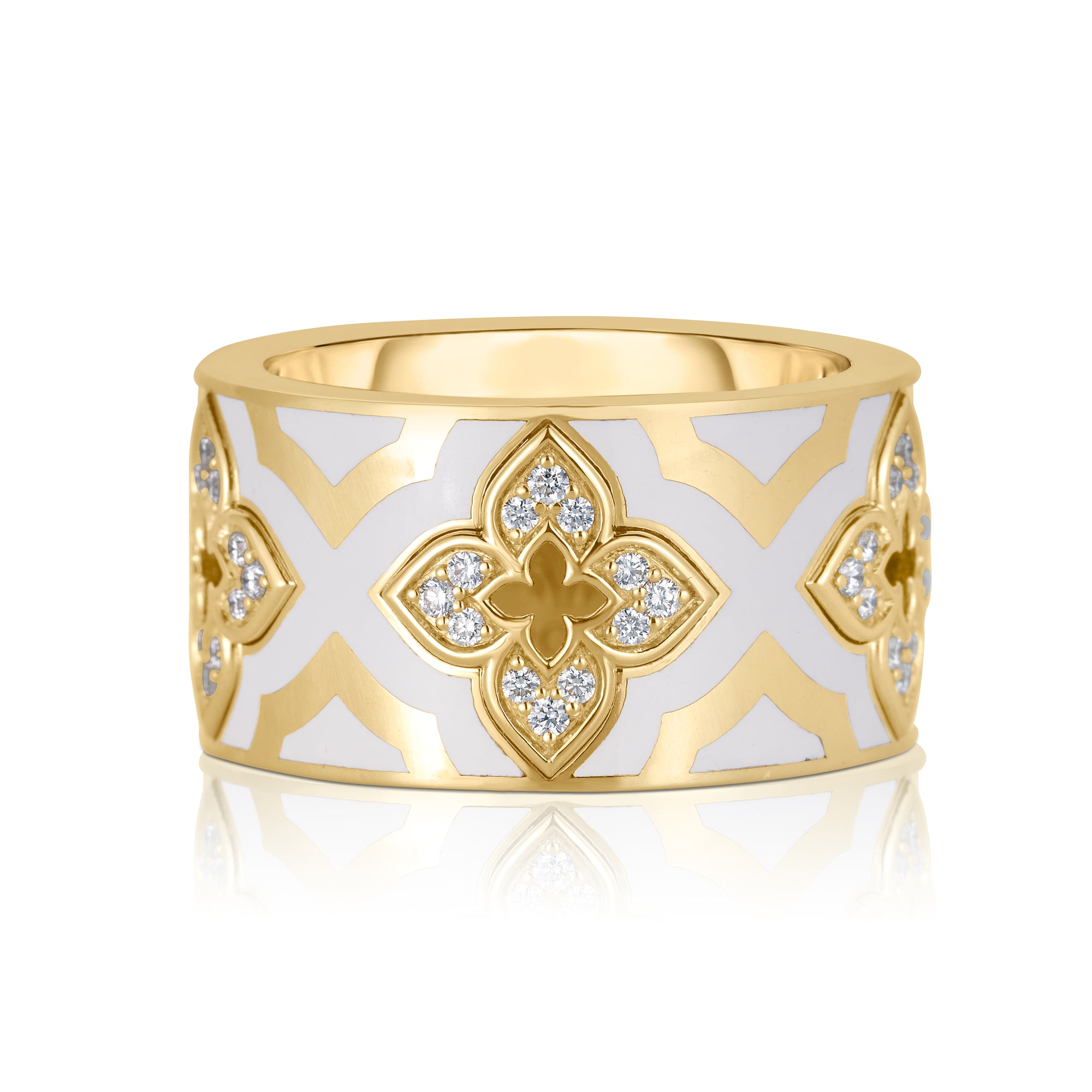 18K YELLOW GOLD VENTIAN PRINCESS DIAMOND & WHITE ENAMEL FLOWER RING