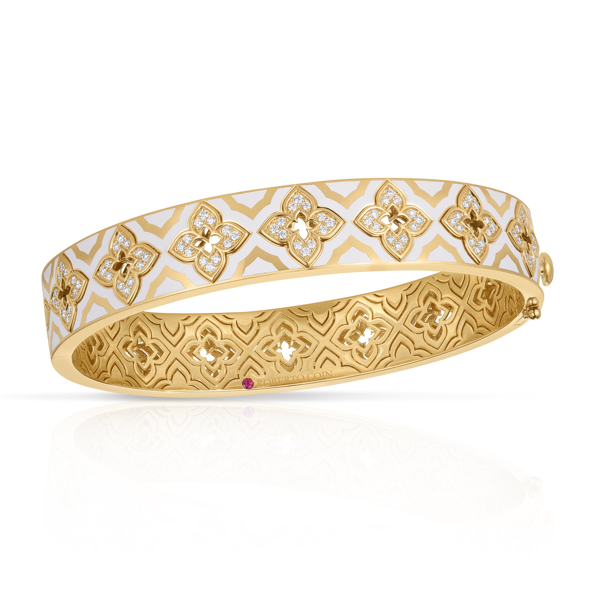 18K YELLOW GOLD VENETIAN PRINCESS DIAMOND & WHITE ENAMEL FLOWER BANGLE