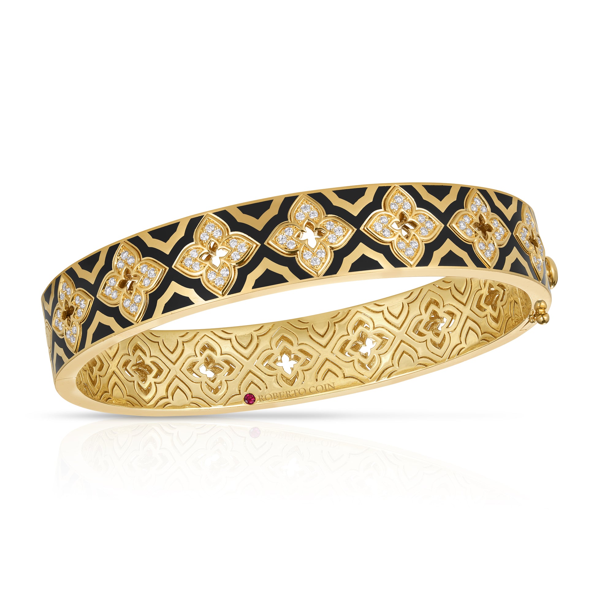 18K YELLOW GOLD VENETIAN PRINCESS DIAMOND & BLACK ENAMEL FLOWER BANGLE