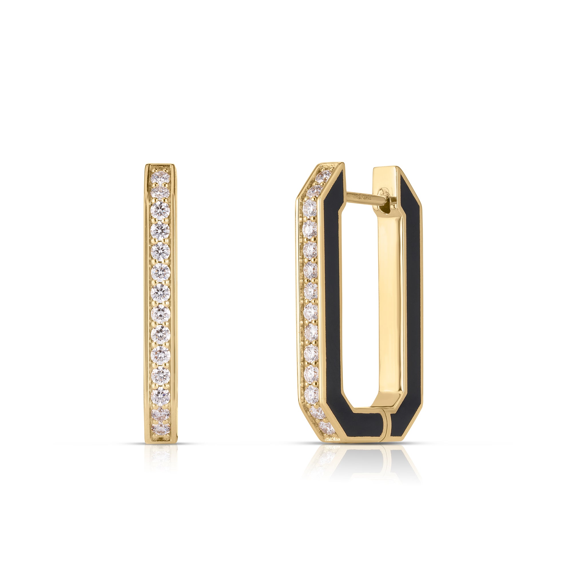 18K YELLOW DESIGNER GOLD BLACK CERAMIC AND DIAMOND HOOP EARRINGS