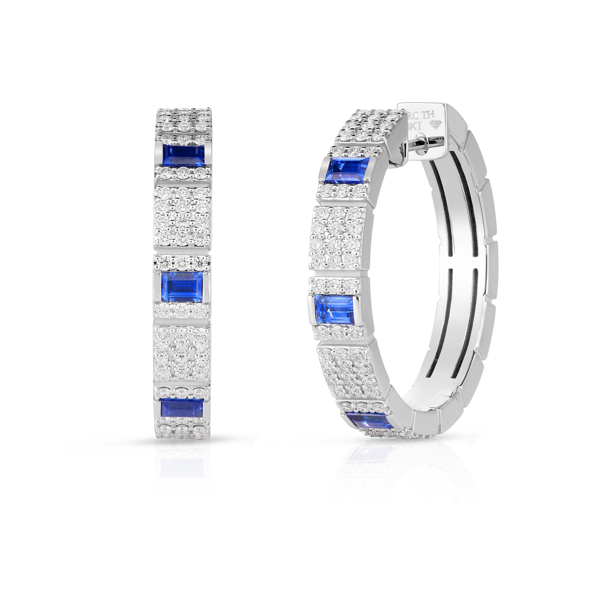 18K WHITE GOLD OBELISCO PAVE DIAMOND & BLUE SAPPHIRE HOOP EARRINGS