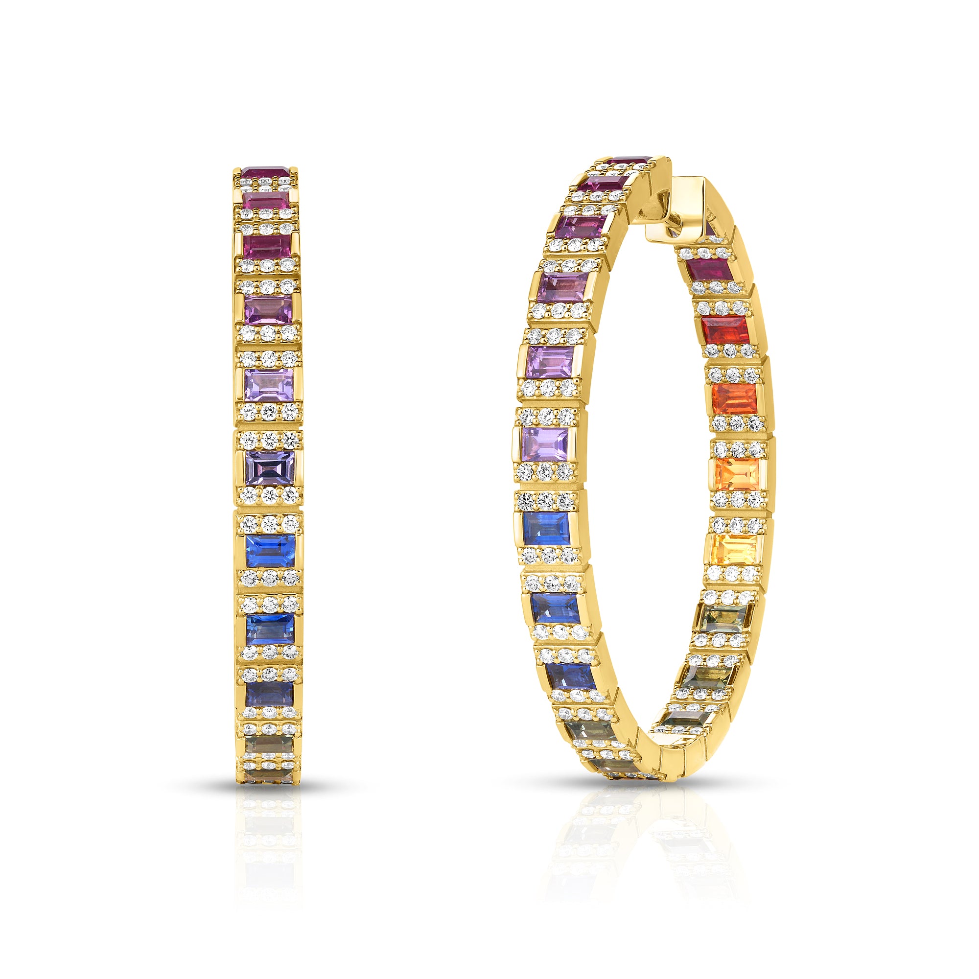 18K YELLOW GOLD OBELISCO PAVE DIAMOND & MIXED SAPPHIRE HOOP EARRINGS