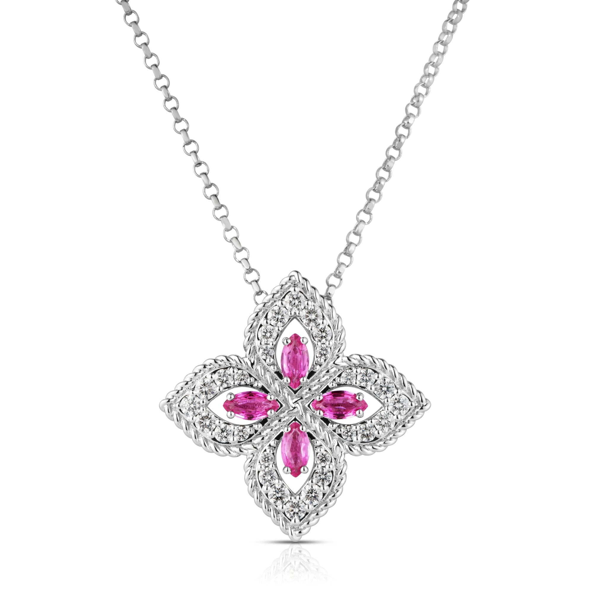 18K WHITE GOLD PRINCESS FLOWER PAVE DIAMOND AND PINK SAPPHIRE NECKLACE