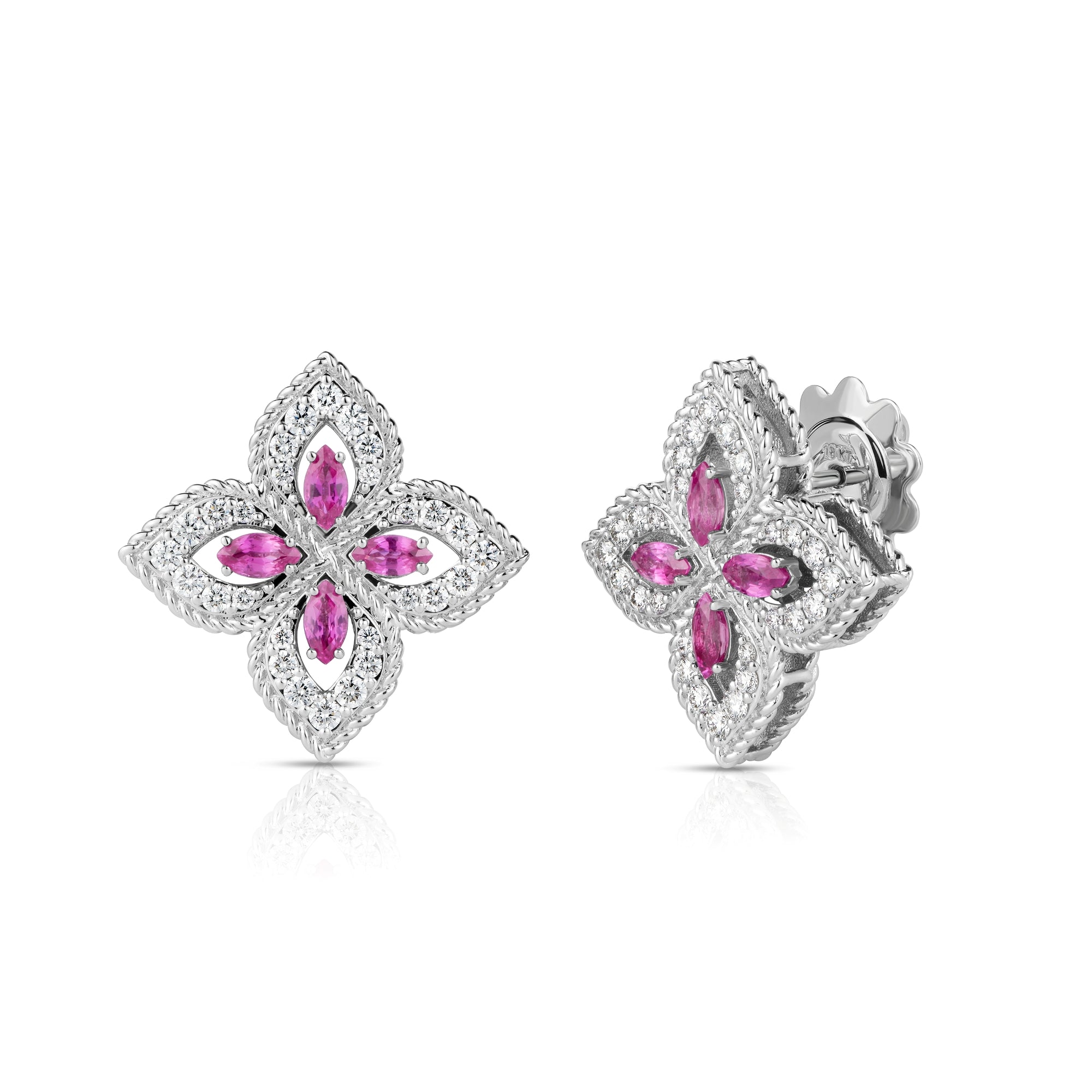 18K WHITE GOLD PRINCESS FLOWER PAVE DIAMOND AND PINK SAPPHIRE STUD EARRINGS
