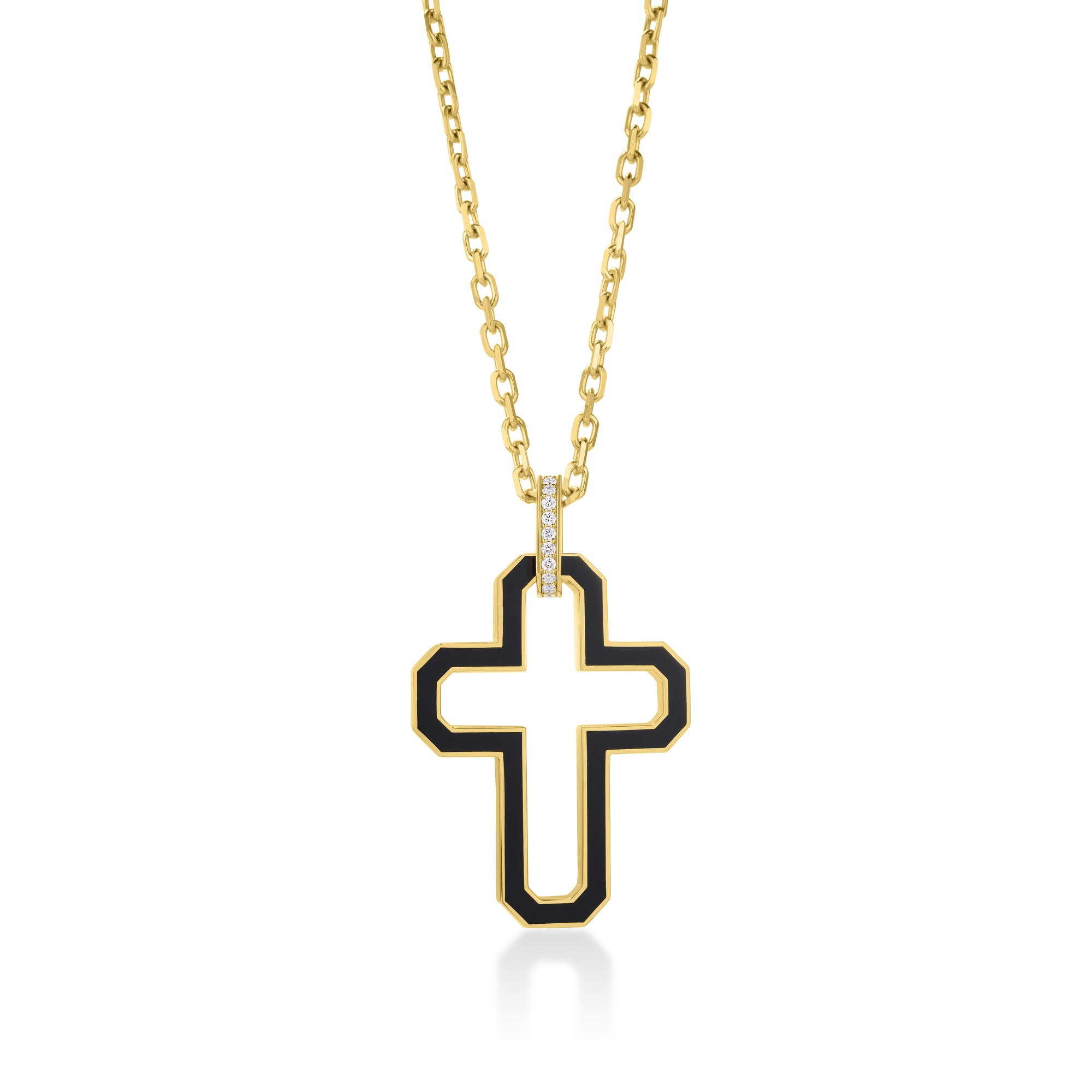 18K YELLOW DESIGNER GOLD DIAMOND & BLACK CERAMIC ENAMEL OUTLINE CROSS NECKLACE