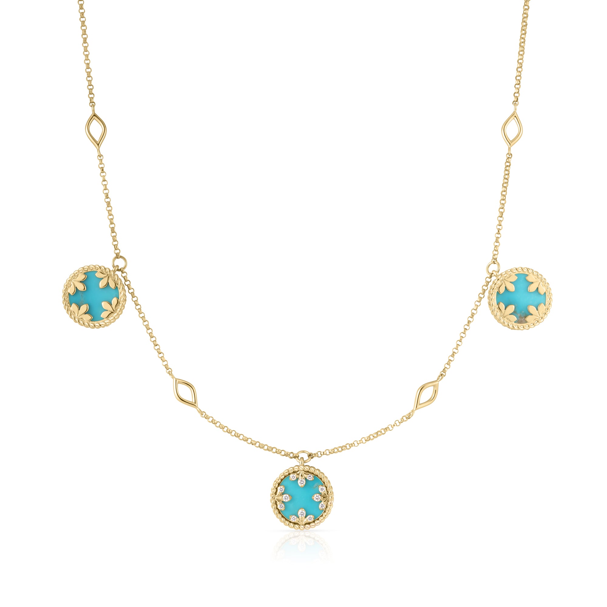 18K YELLOW GOLD VENETIAN MEDALLIONS SMALL DIAMOND, MOTHER OF PEARL, AND TURQUOISE STATION NECKLACE
