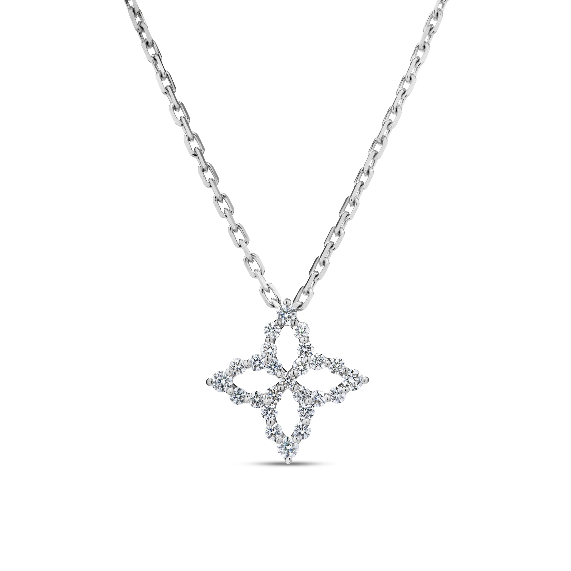 18K WHITE GOLD DIAMOND PRINCESS OUTLINE SMALL FLOWER NECKLACE